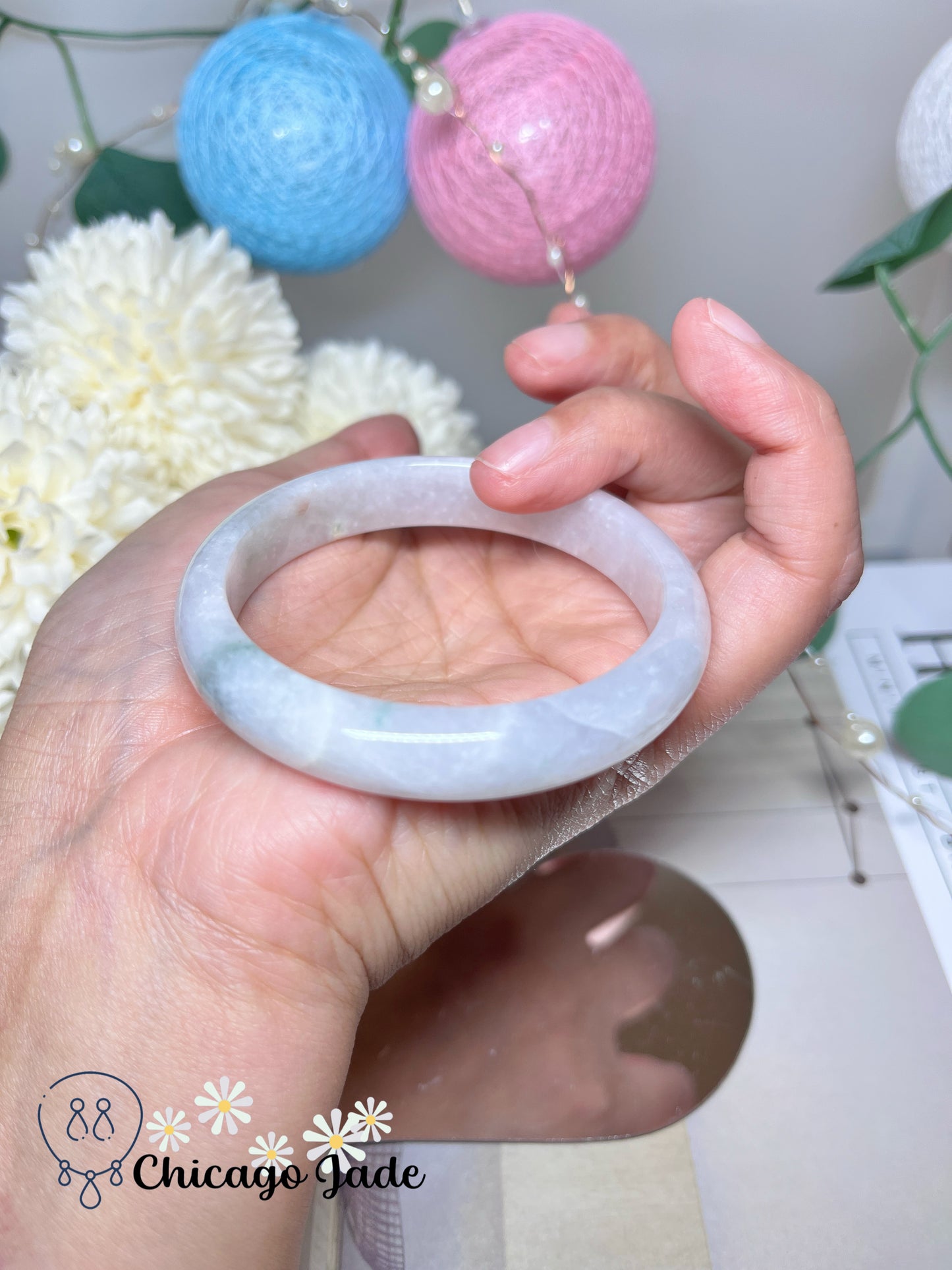 53.8mm Size S Faint Pink Green Flat Inside Natural Grade A Authentic Untreated Burma Jadeite Jade Feicui Bangle