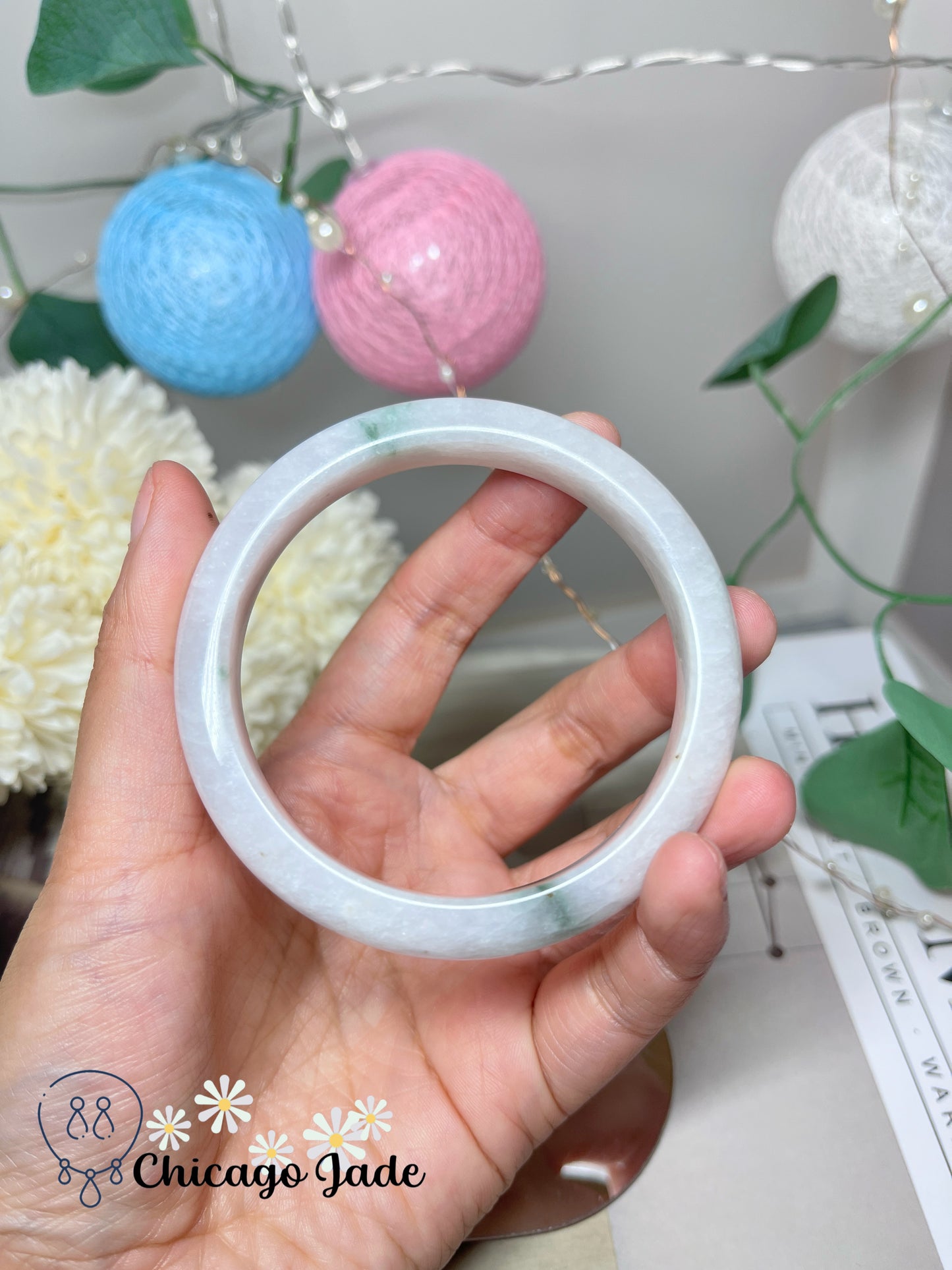 58mm Size L Faint Pink with Green Flowers Natural Grade A Authentic Burma Jadeite Jade Feicui Bangle
