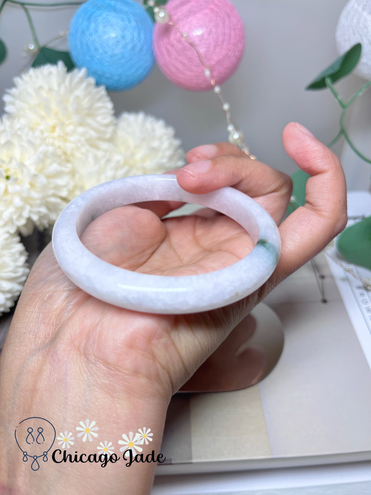 58mm Size L Faint Pink with Green Flowers Natural Grade A Authentic Burma Jadeite Jade Feicui Bangle