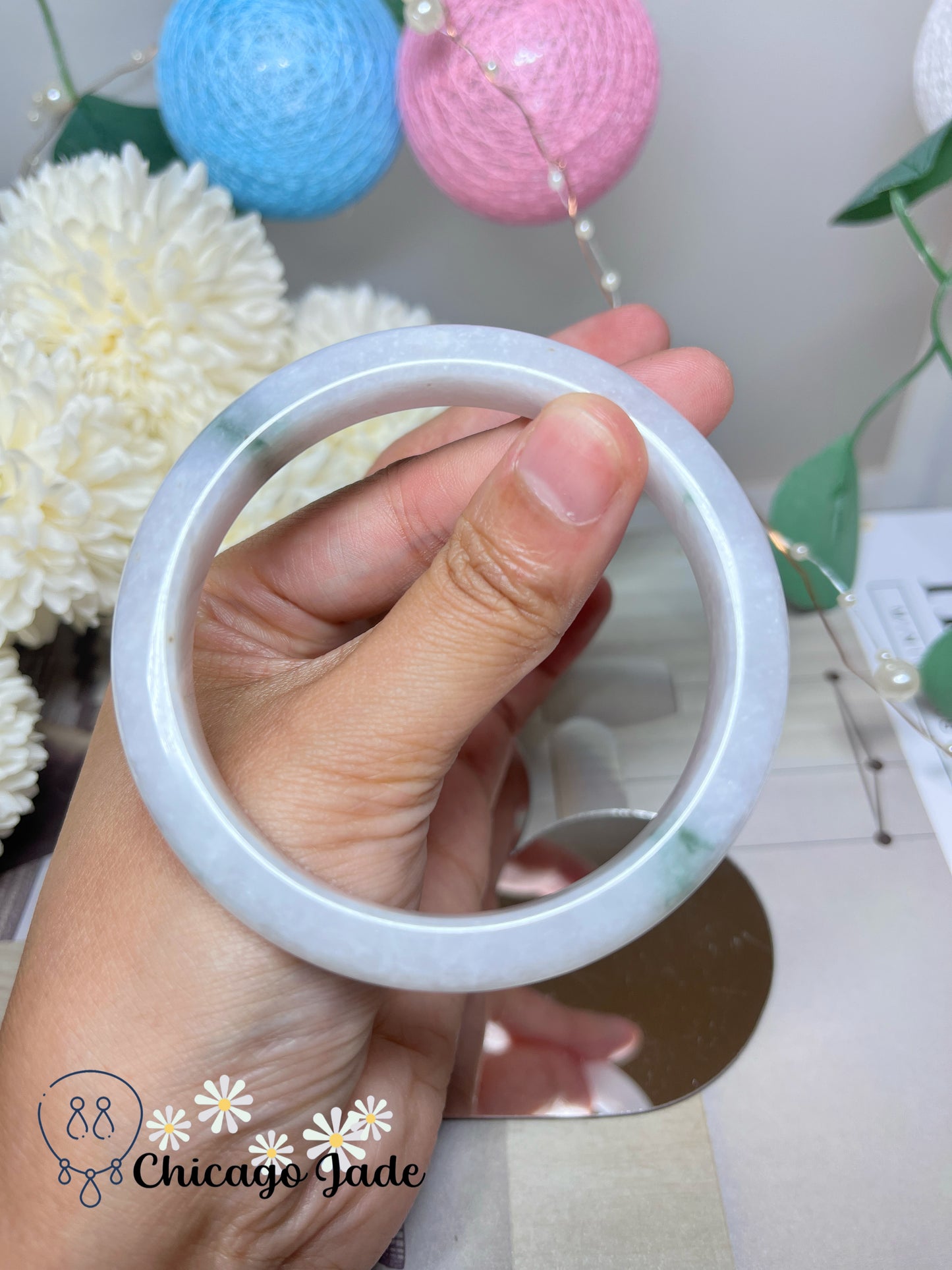 58mm Size L Faint Pink with Green Flowers Natural Grade A Authentic Burma Jadeite Jade Feicui Bangle