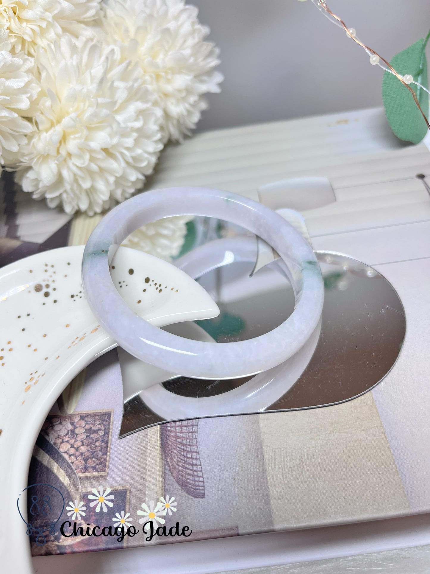 58mm Size L Faint Pink with Green Flowers Natural Grade A Authentic Burma Jadeite Jade Feicui Bangle