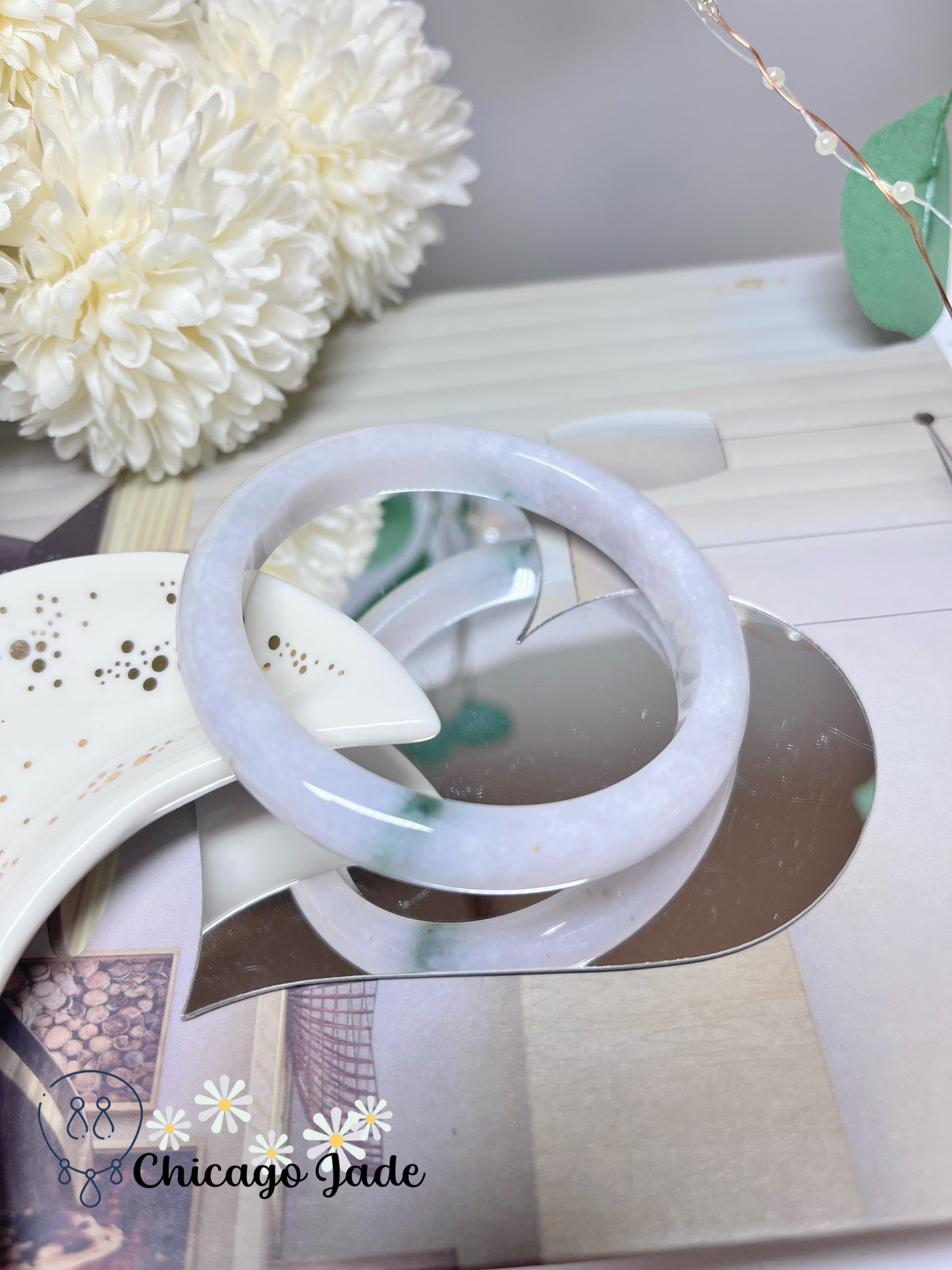 58mm Size L Faint Pink with Green Flowers Natural Grade A Authentic Burma Jadeite Jade Feicui Bangle