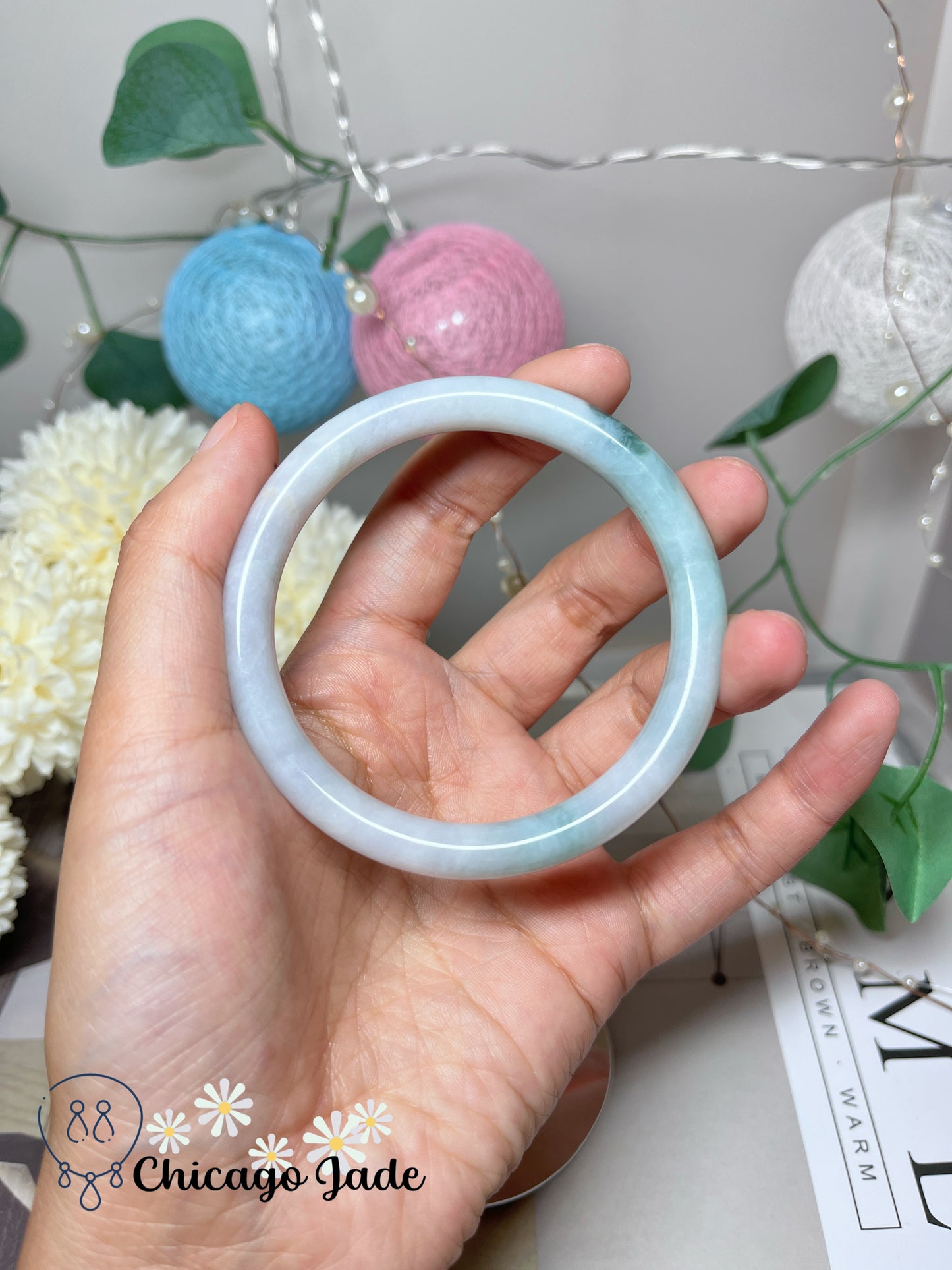 57.3mm Size M Faint Pink Blue with Green Flowers Natural Untreated Grade A Authentic Burma Jadeite Jade Feicui Bangle