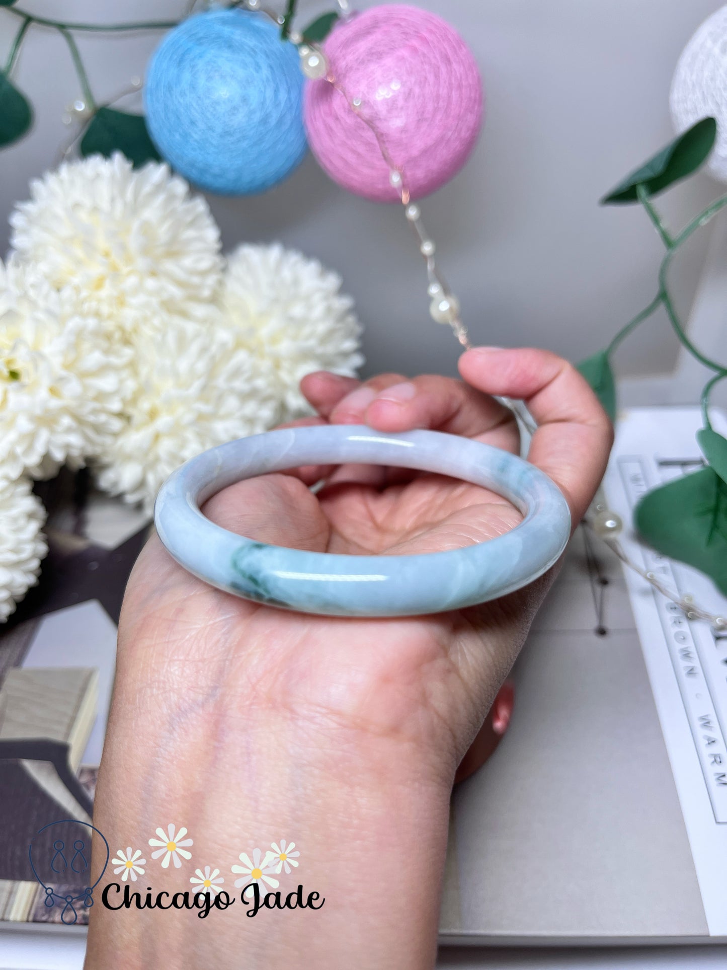 57.3mm Size M Faint Pink Blue with Green Flowers Natural Untreated Grade A Authentic Burma Jadeite Jade Feicui Bangle