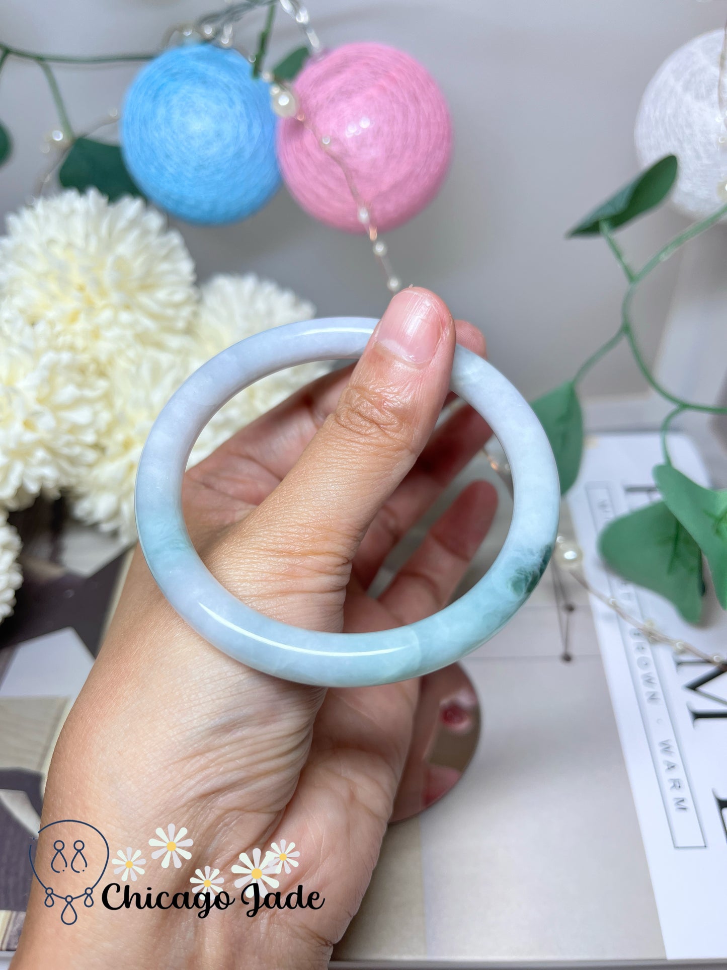 57.3mm Size M Faint Pink Blue with Green Flowers Natural Untreated Grade A Authentic Burma Jadeite Jade Feicui Bangle