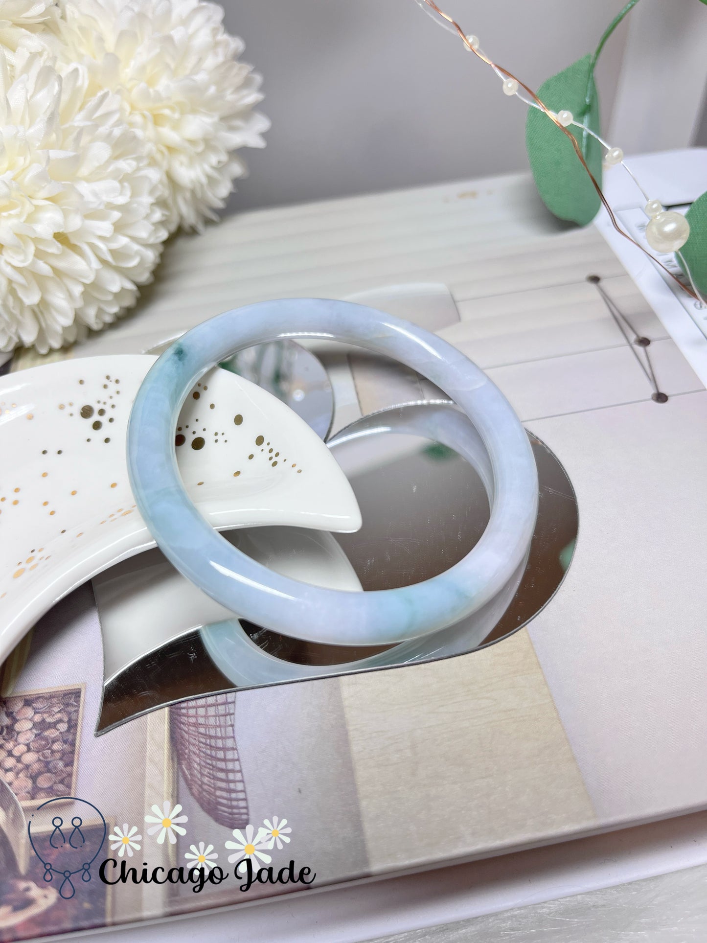 57.3mm Size M Faint Pink Blue with Green Flowers Natural Untreated Grade A Authentic Burma Jadeite Jade Feicui Bangle