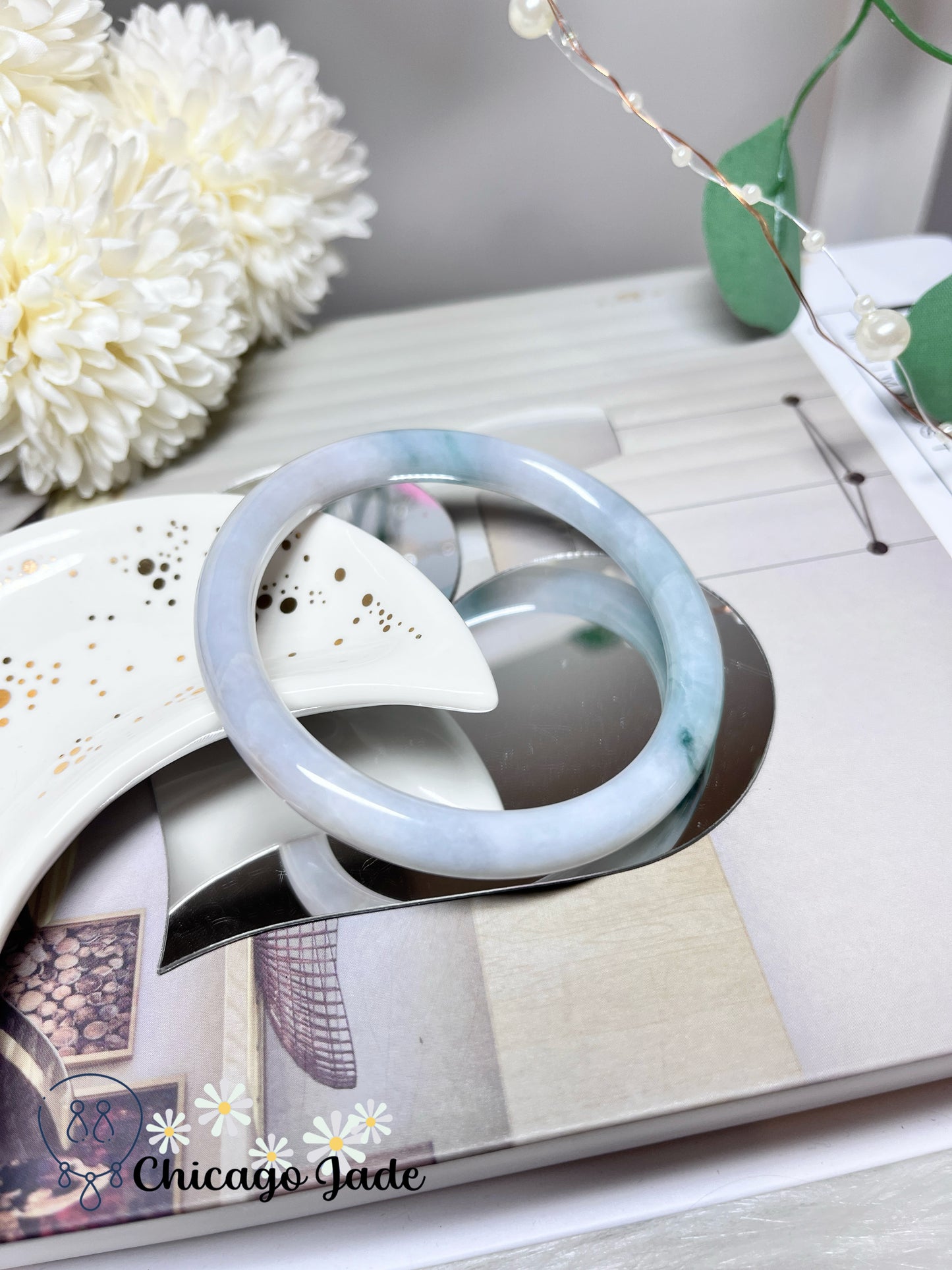 57.3mm Size M Faint Pink Blue with Green Flowers Natural Untreated Grade A Authentic Burma Jadeite Jade Feicui Bangle