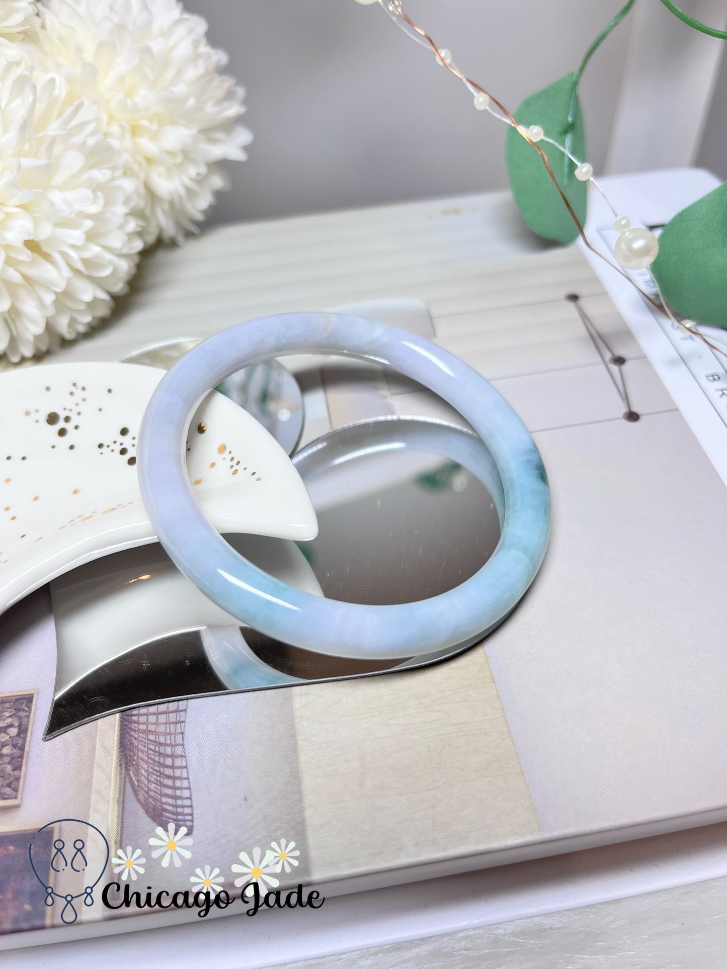 57.3mm Size M Faint Pink Blue with Green Flowers Natural Untreated Grade A Authentic Burma Jadeite Jade Feicui Bangle