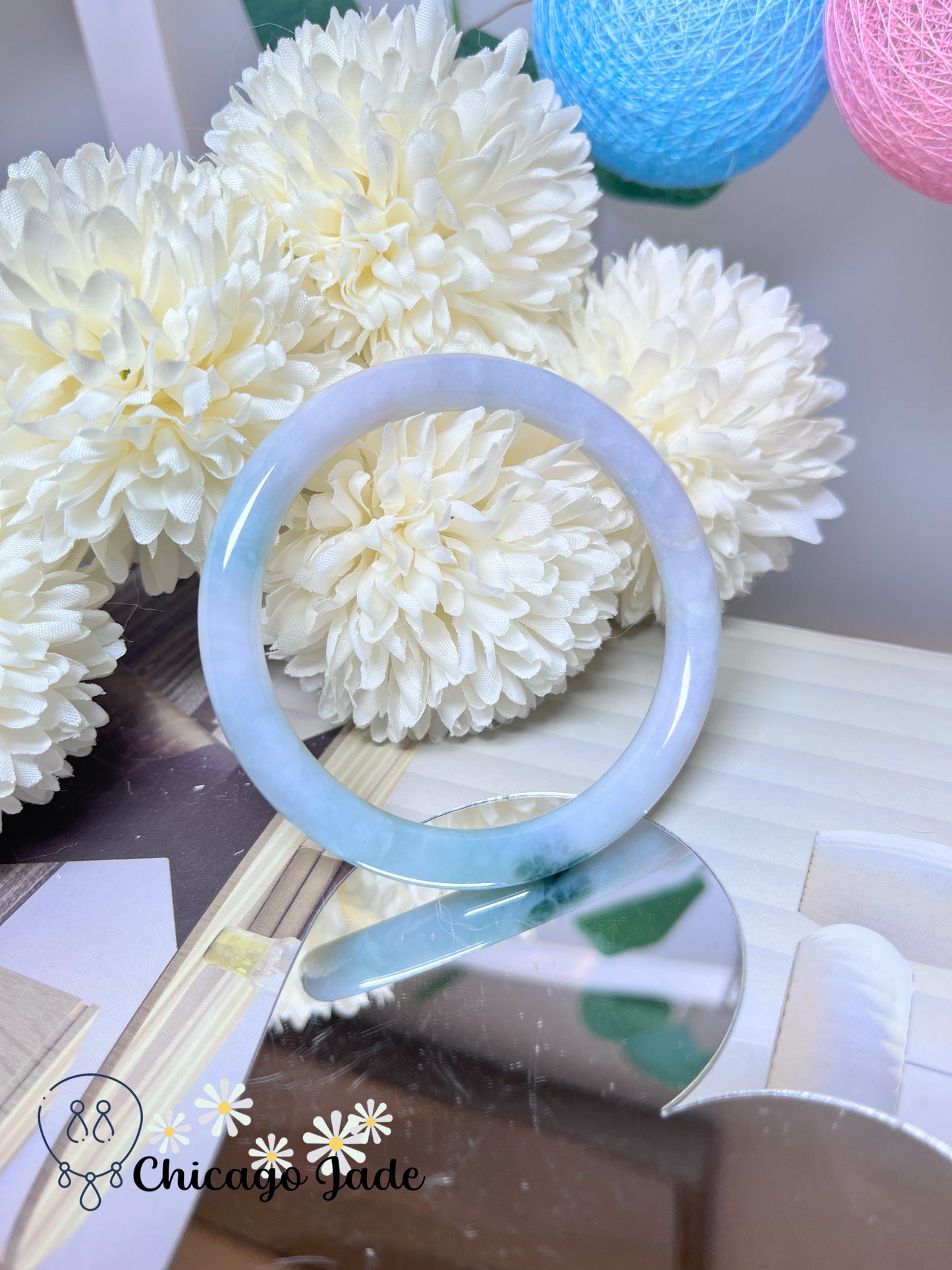 57.3mm Size M Faint Pink Blue with Green Flowers Natural Untreated Grade A Authentic Burma Jadeite Jade Feicui Bangle