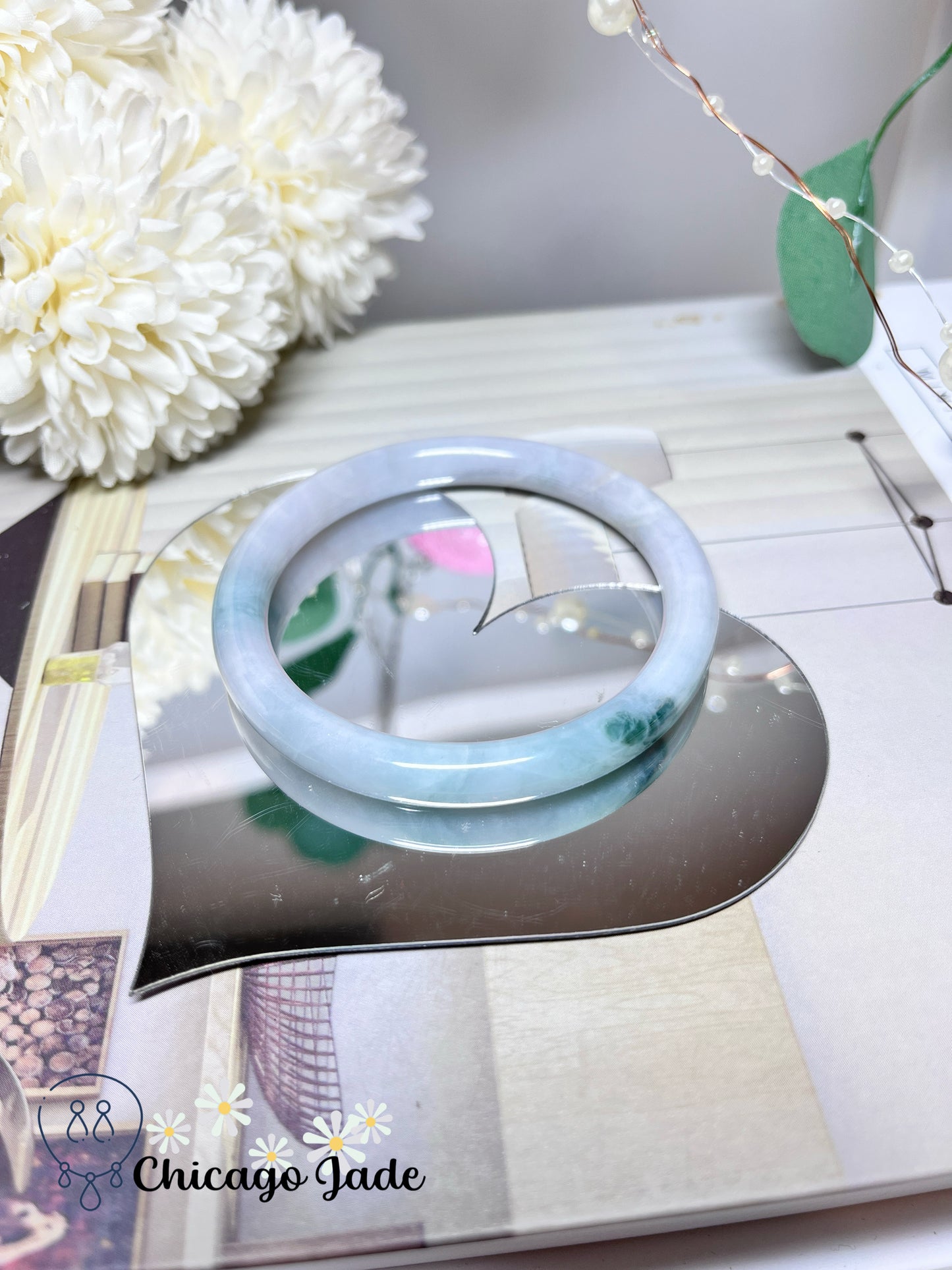 57.3mm Size M Faint Pink Blue with Green Flowers Natural Untreated Grade A Authentic Burma Jadeite Jade Feicui Bangle