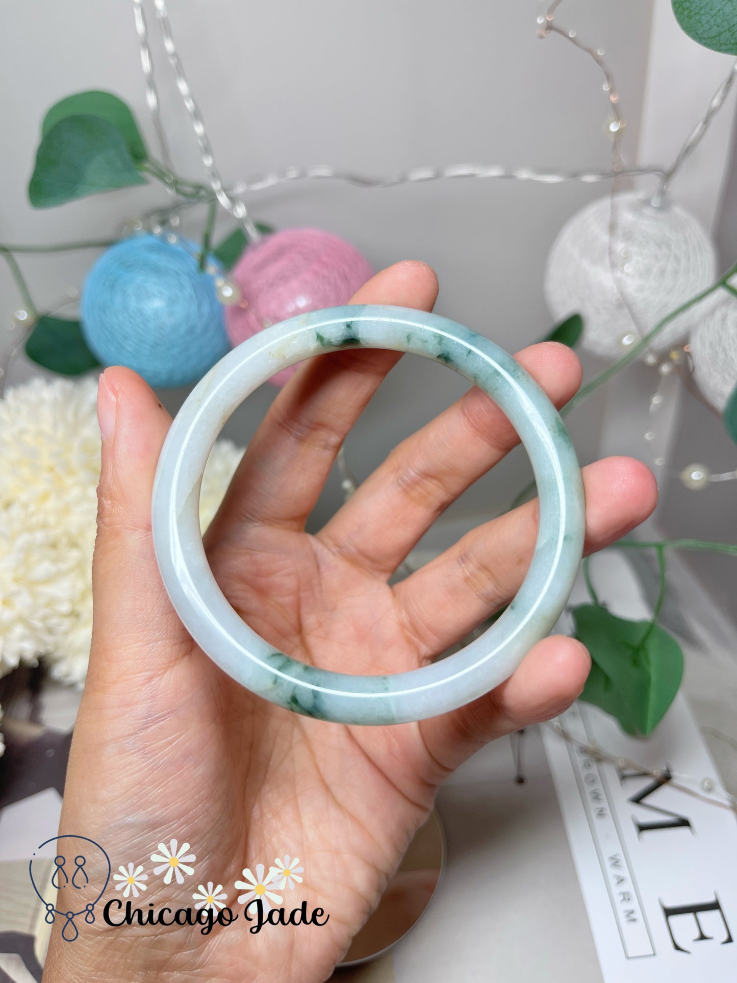 58mm Size M Floating Green Flowers on White Base Natural Grade A Authentic Untreated Burma Jadeite Jade Feicui Bangle
