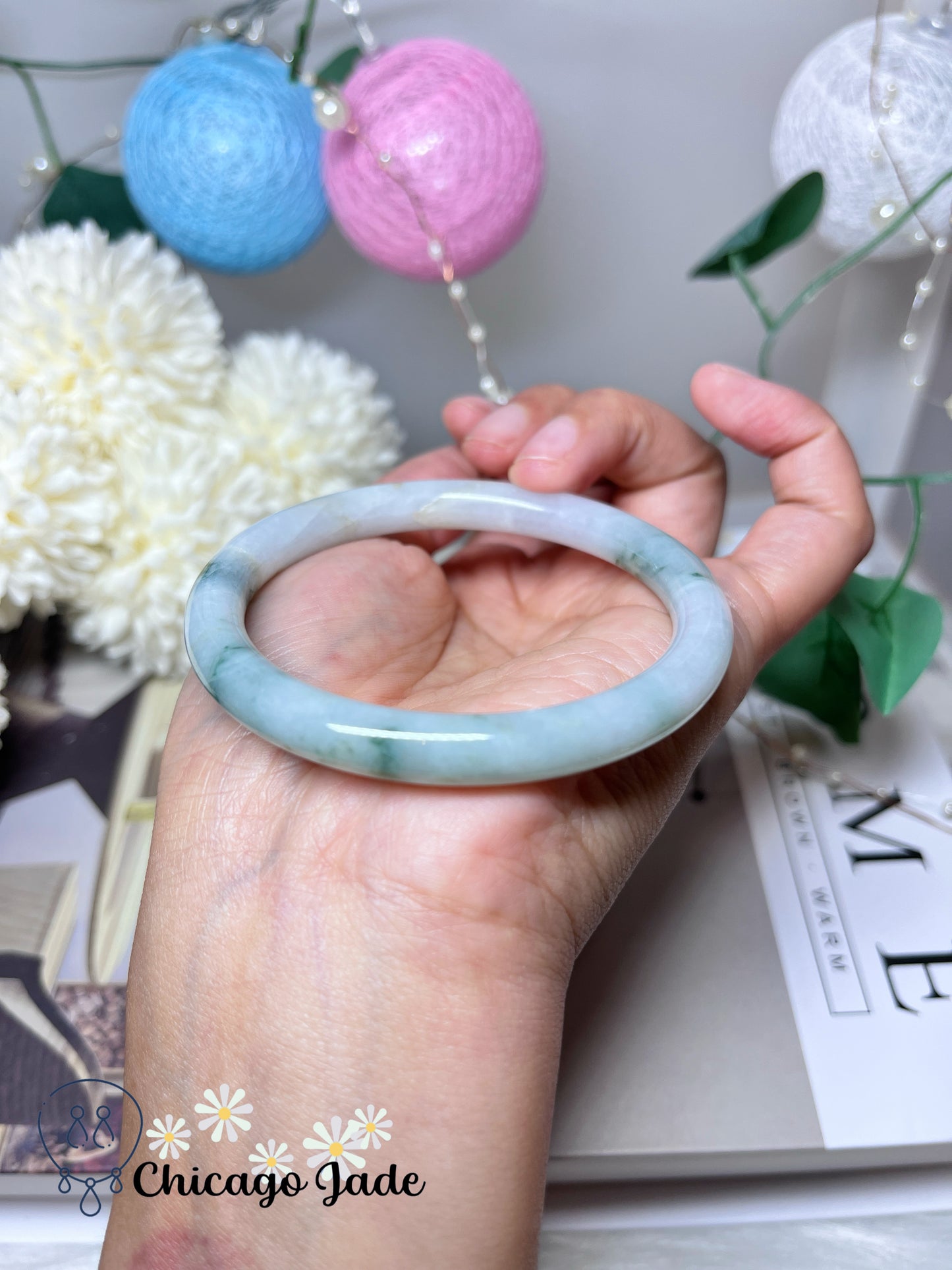 58mm Size M Floating Green Flowers on White Base Natural Grade A Authentic Untreated Burma Jadeite Jade Feicui Bangle