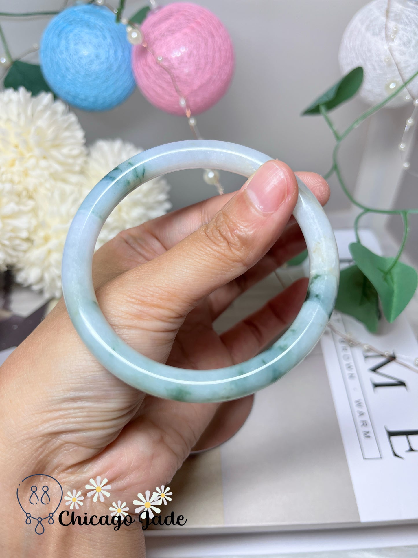 58mm Size M Floating Green Flowers on White Base Natural Grade A Authentic Untreated Burma Jadeite Jade Feicui Bangle