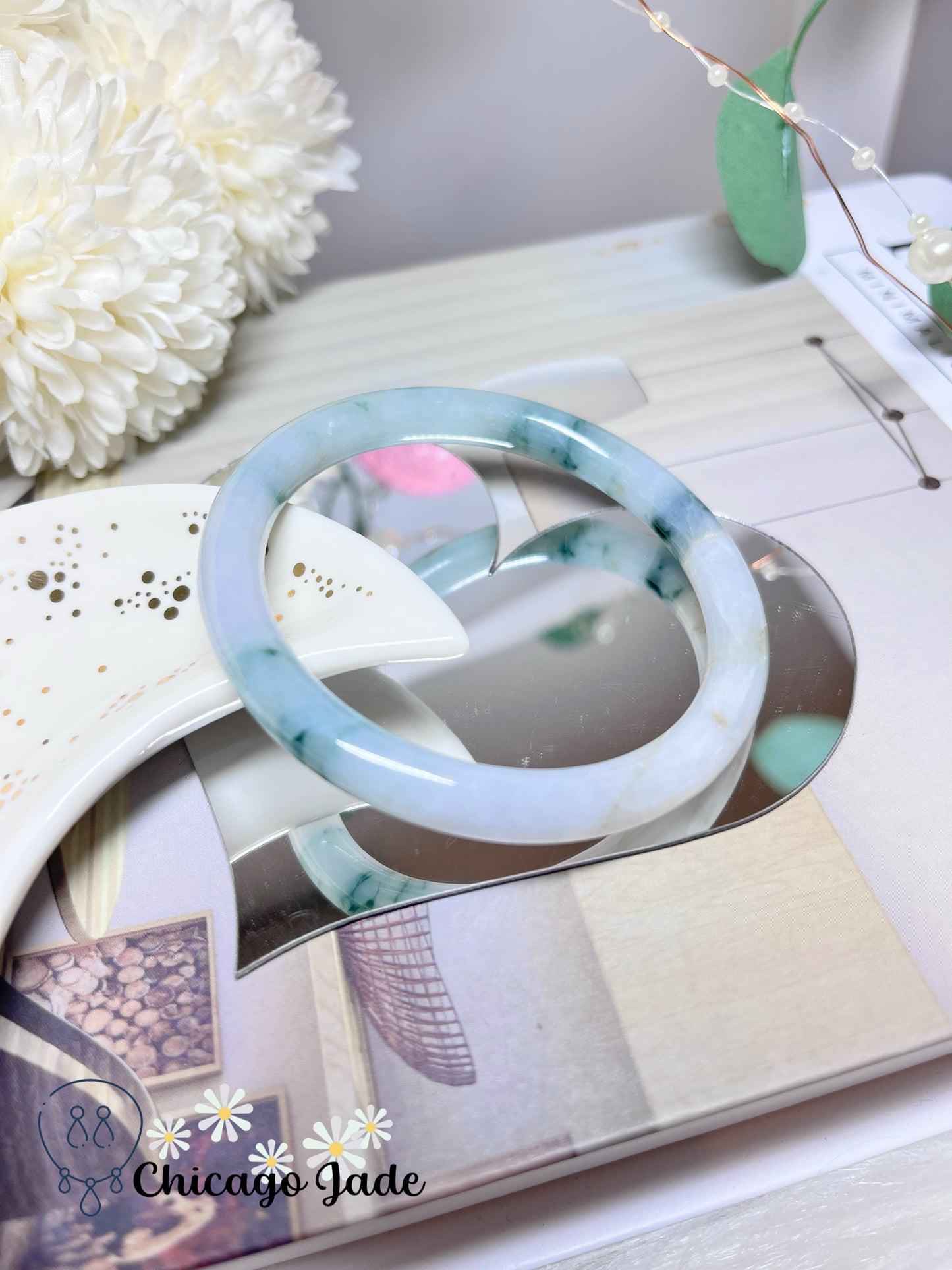 58mm Size M Floating Green Flowers on White Base Natural Grade A Authentic Untreated Burma Jadeite Jade Feicui Bangle