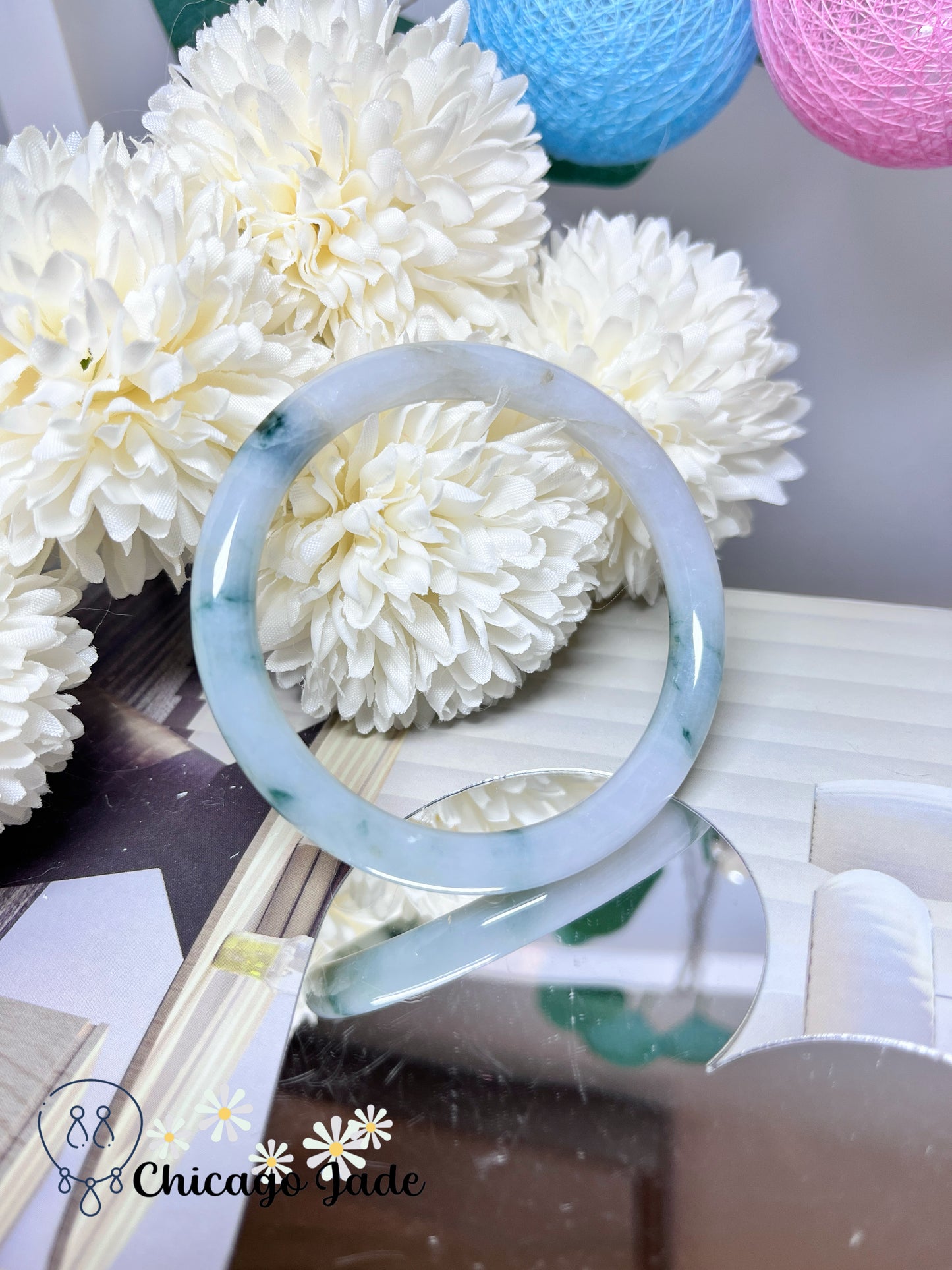 58mm Size M Floating Green Flowers on White Base Natural Grade A Authentic Untreated Burma Jadeite Jade Feicui Bangle
