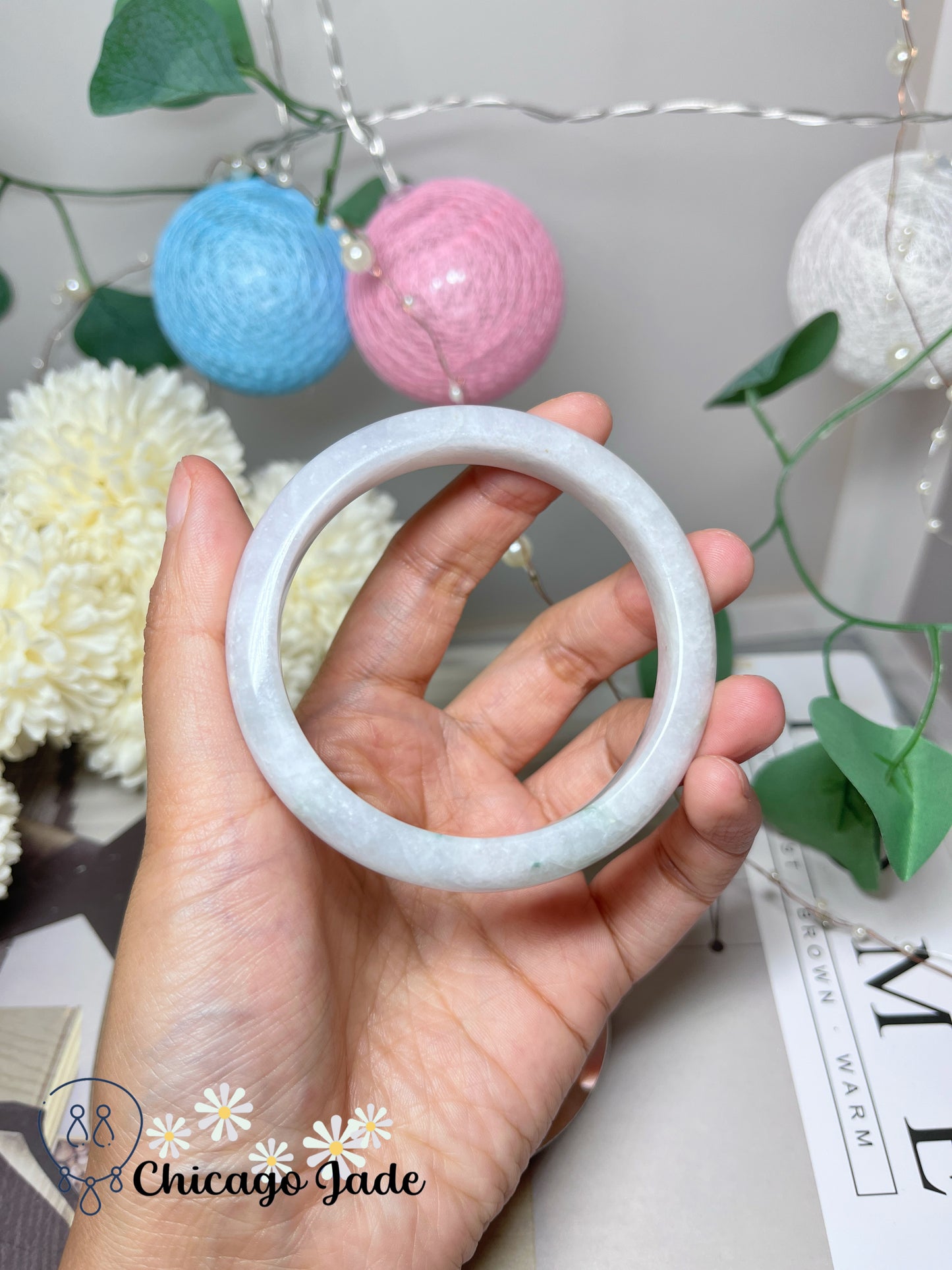 57.2mm Size M Moonlight White Base with A Touch of Grass Green Natural Grade A Jadeite Jade Feicui Bangle