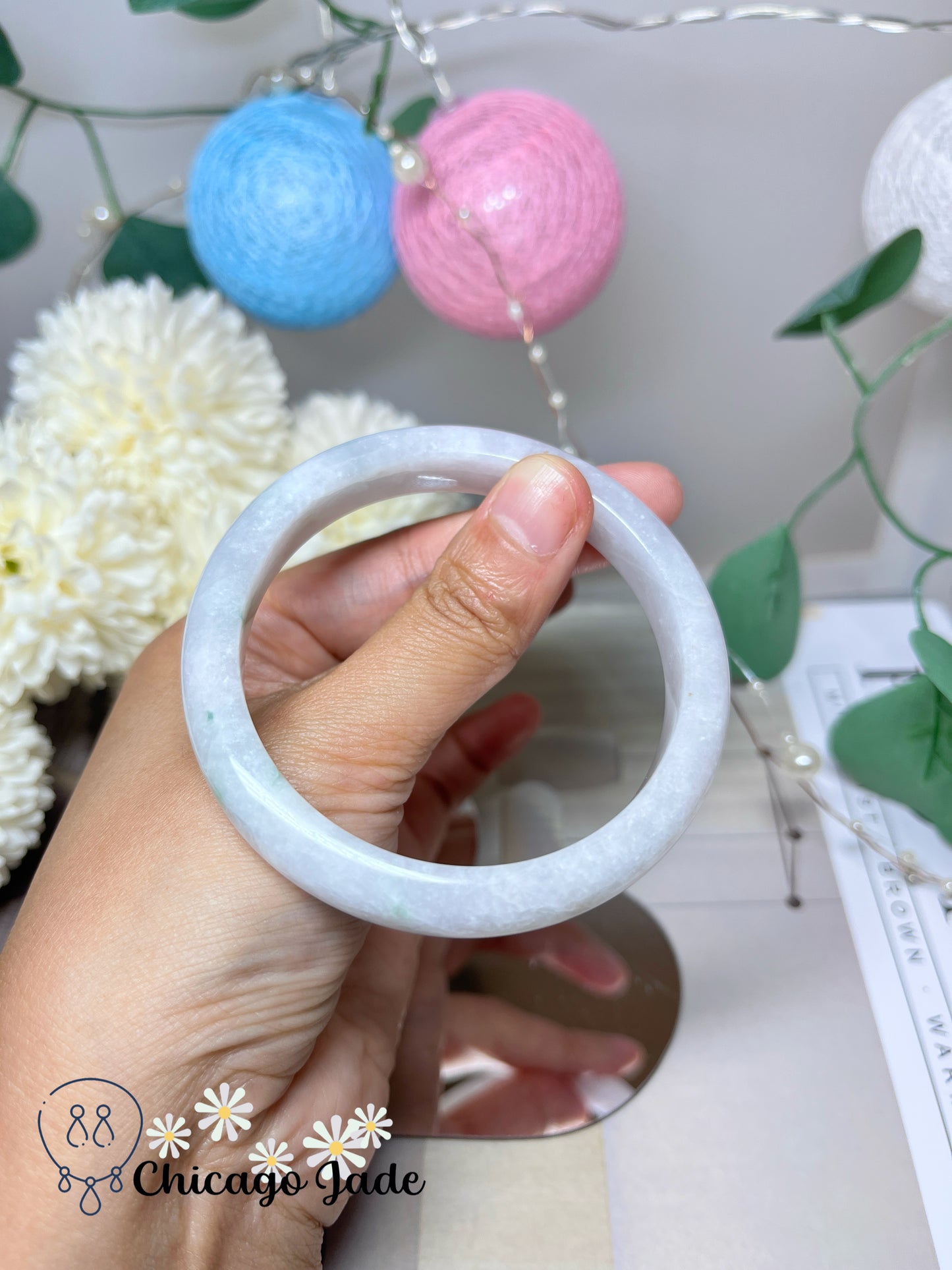 57.2mm Size M Moonlight White Base with A Touch of Grass Green Natural Grade A Jadeite Jade Feicui Bangle