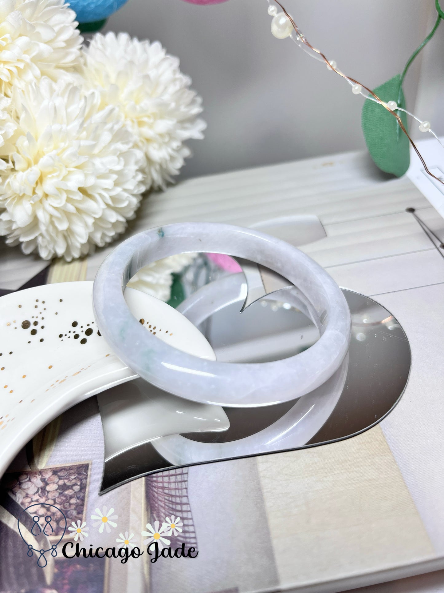 57.2mm Size M Moonlight White Base with A Touch of Grass Green Natural Grade A Jadeite Jade Feicui Bangle