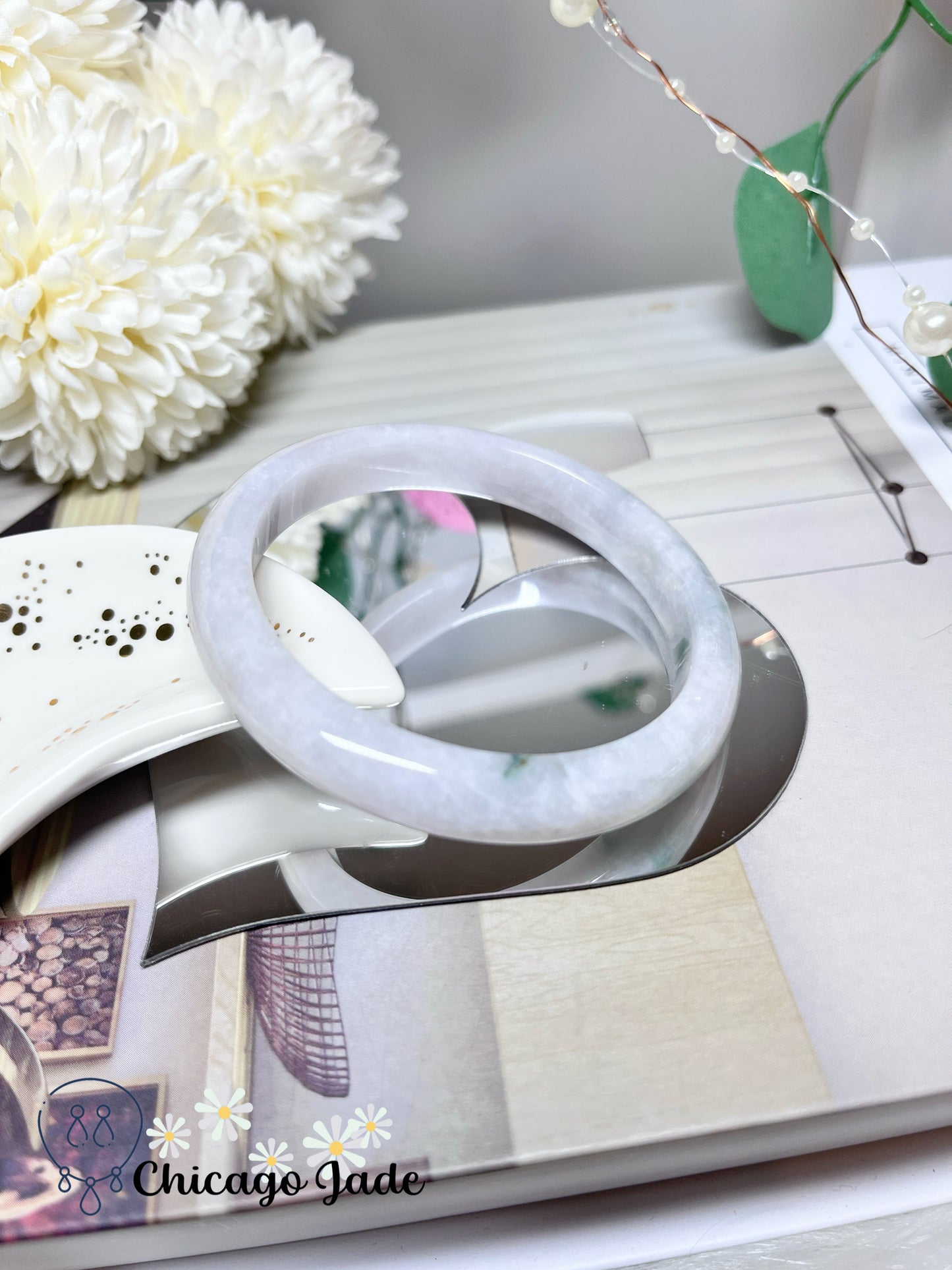 57.2mm Size M Moonlight White Base with A Touch of Grass Green Natural Grade A Jadeite Jade Feicui Bangle