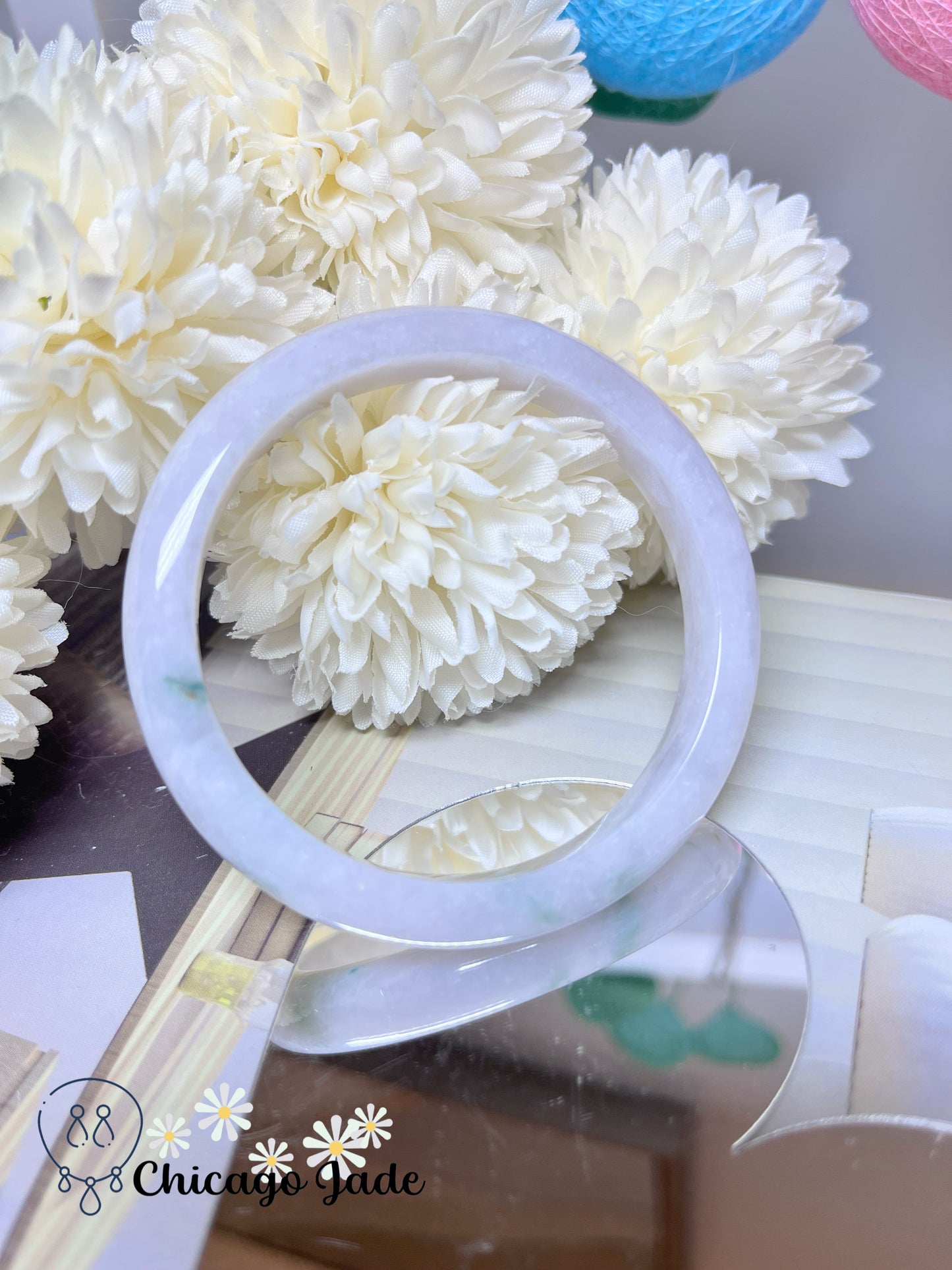 57.2mm Size M Moonlight White Base with A Touch of Grass Green Natural Grade A Jadeite Jade Feicui Bangle