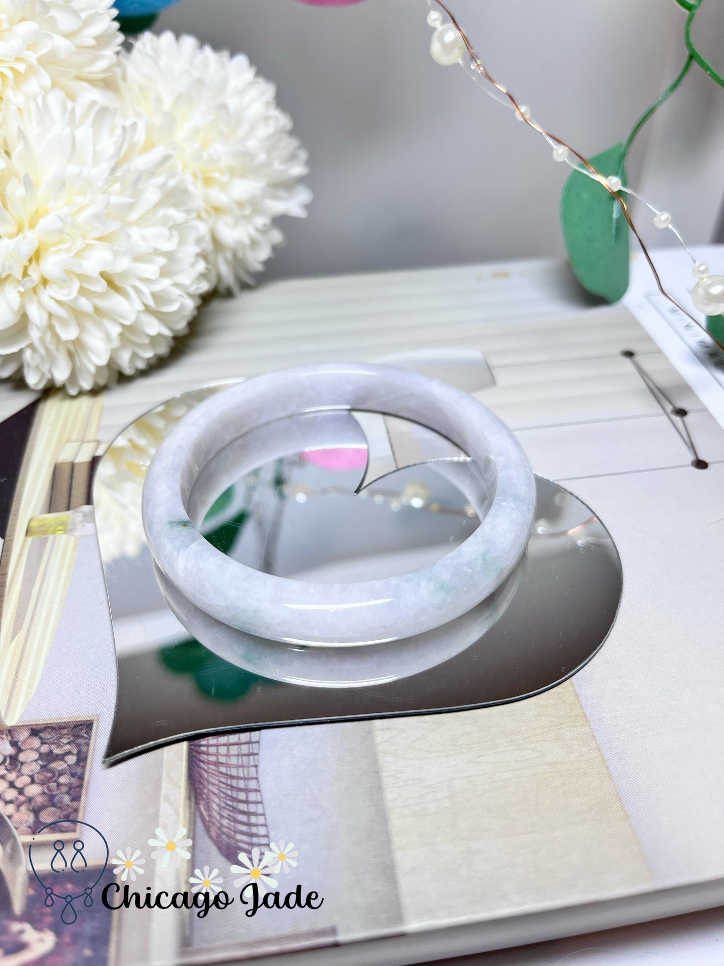 57.2mm Size M Moonlight White Base with A Touch of Grass Green Natural Grade A Jadeite Jade Feicui Bangle