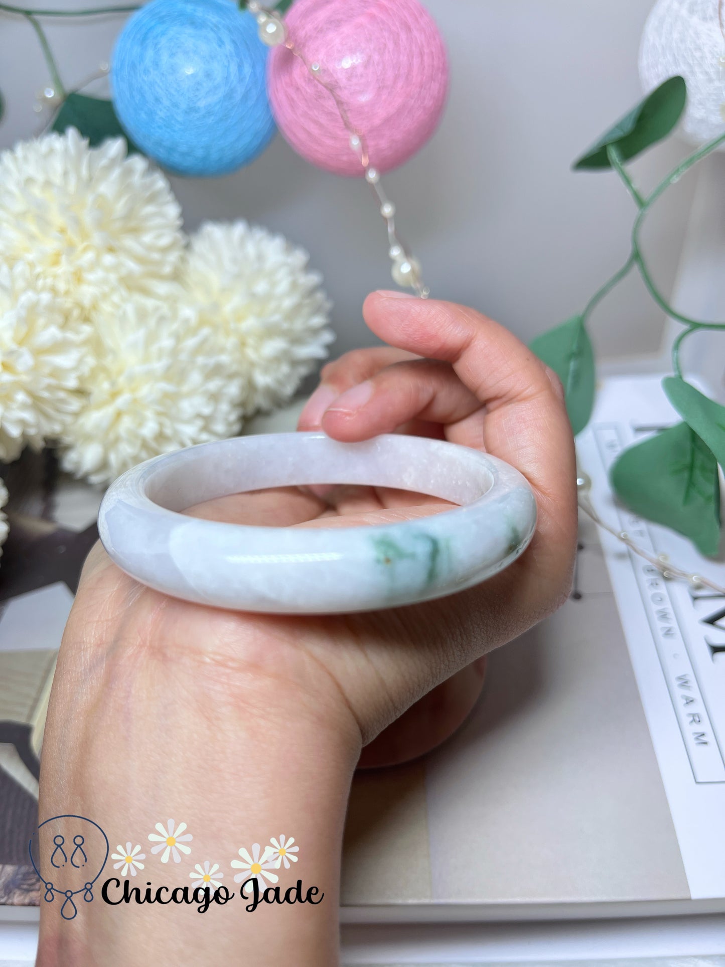 57.3mm Size M Moonlight White Base with Floating Dark Green Flowers Natural Grade A Jadeite Jade Feicui Bangle Handmade Gift