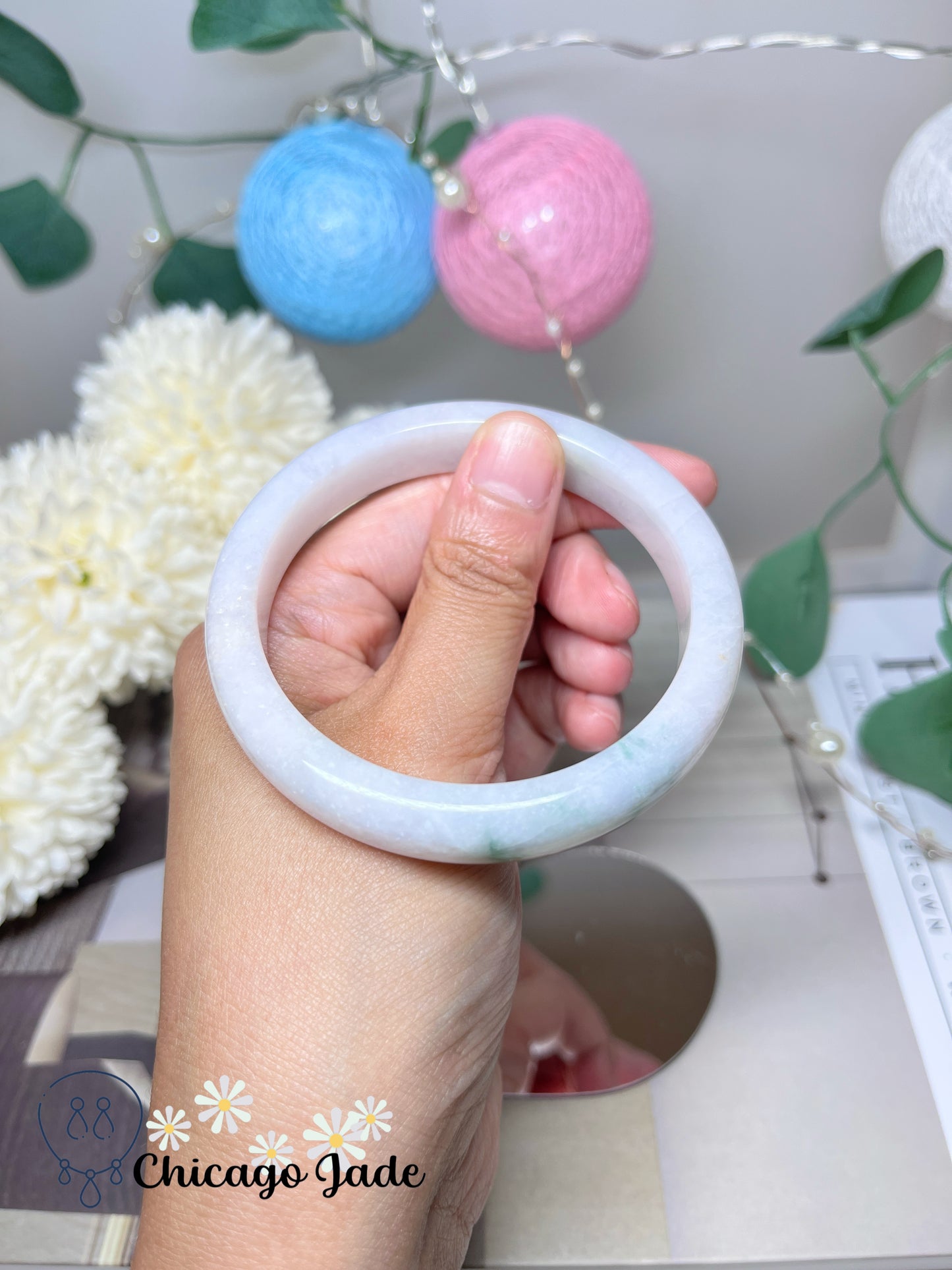 57.3mm Size M Moonlight White Base with Floating Dark Green Flowers Natural Grade A Jadeite Jade Feicui Bangle Handmade Gift