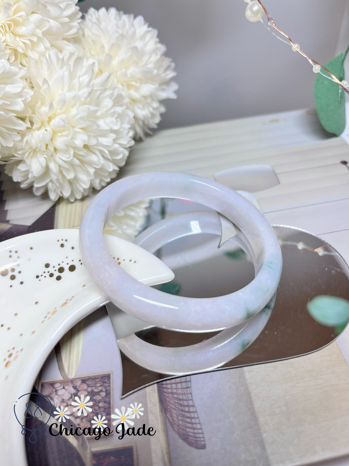 57.3mm Size M Moonlight White Base with Floating Dark Green Flowers Natural Grade A Jadeite Jade Feicui Bangle Handmade Gift