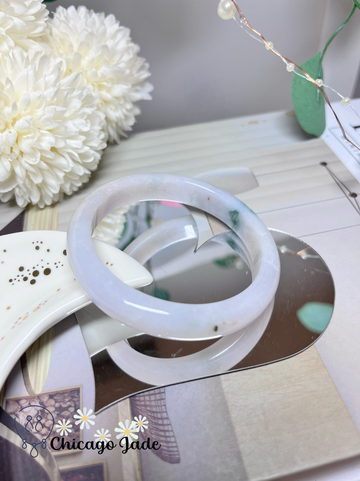 57.3mm Size M Moonlight White Base with Floating Dark Green Flowers Natural Grade A Jadeite Jade Feicui Bangle Handmade Gift