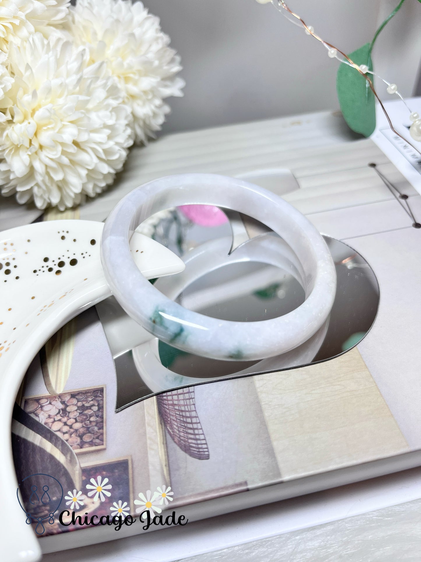 57.3mm Size M Moonlight White Base with Floating Dark Green Flowers Natural Grade A Jadeite Jade Feicui Bangle Handmade Gift
