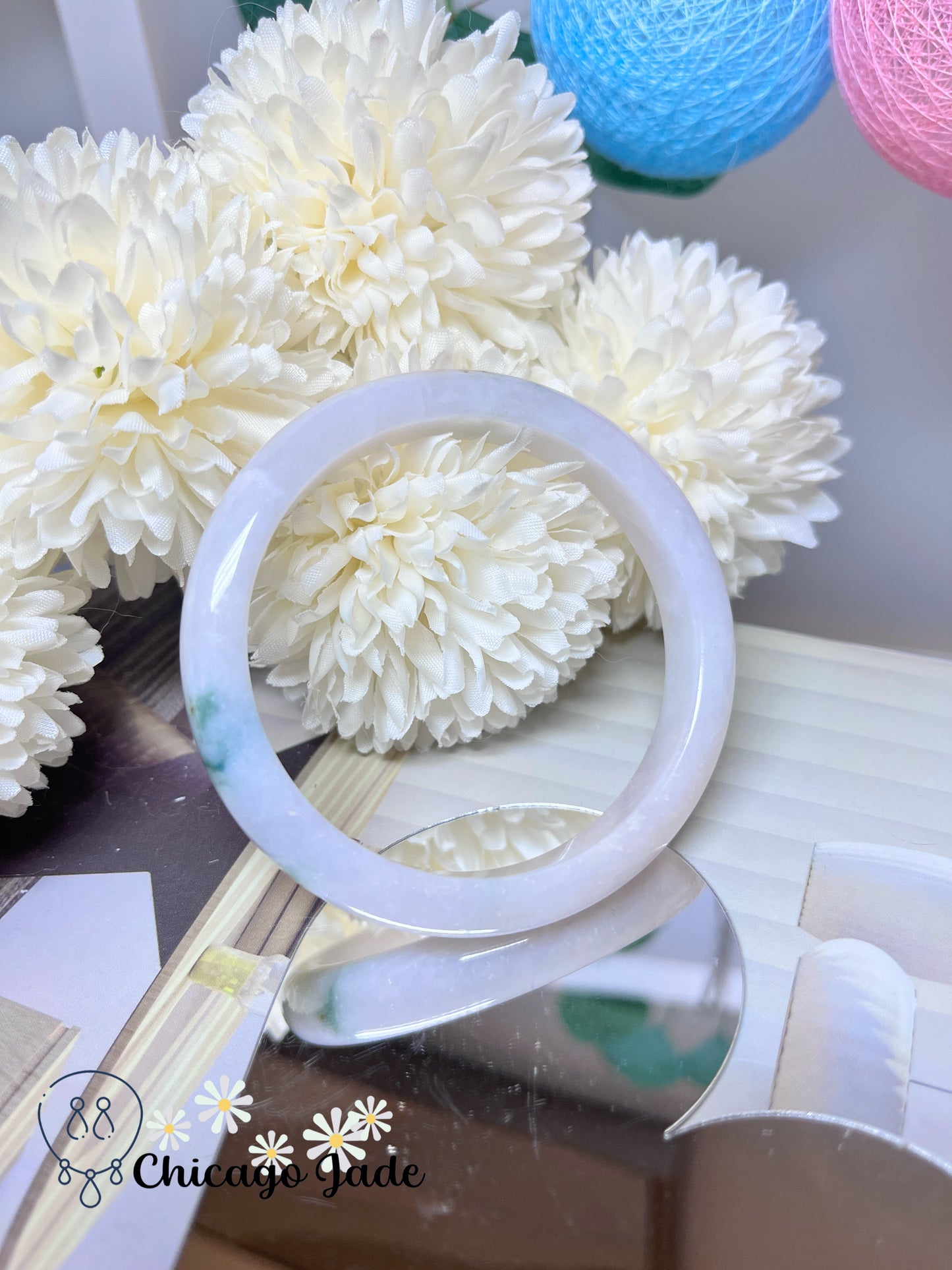 57.3mm Size M Moonlight White Base with Floating Dark Green Flowers Natural Grade A Jadeite Jade Feicui Bangle Handmade Gift