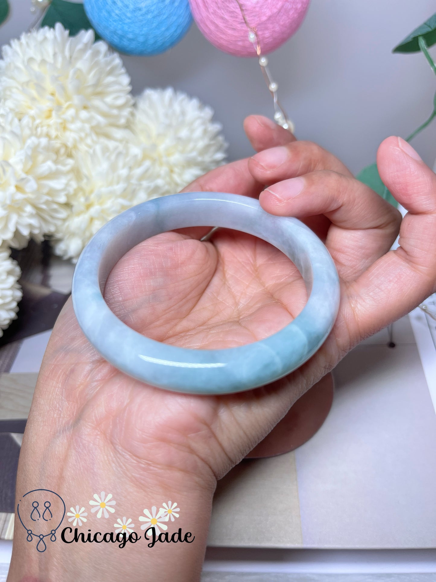 55.2mm Size M Blue Green Base Natural Grade A Authentic Jadeite Jade Feicui Bangle Handmade Gift