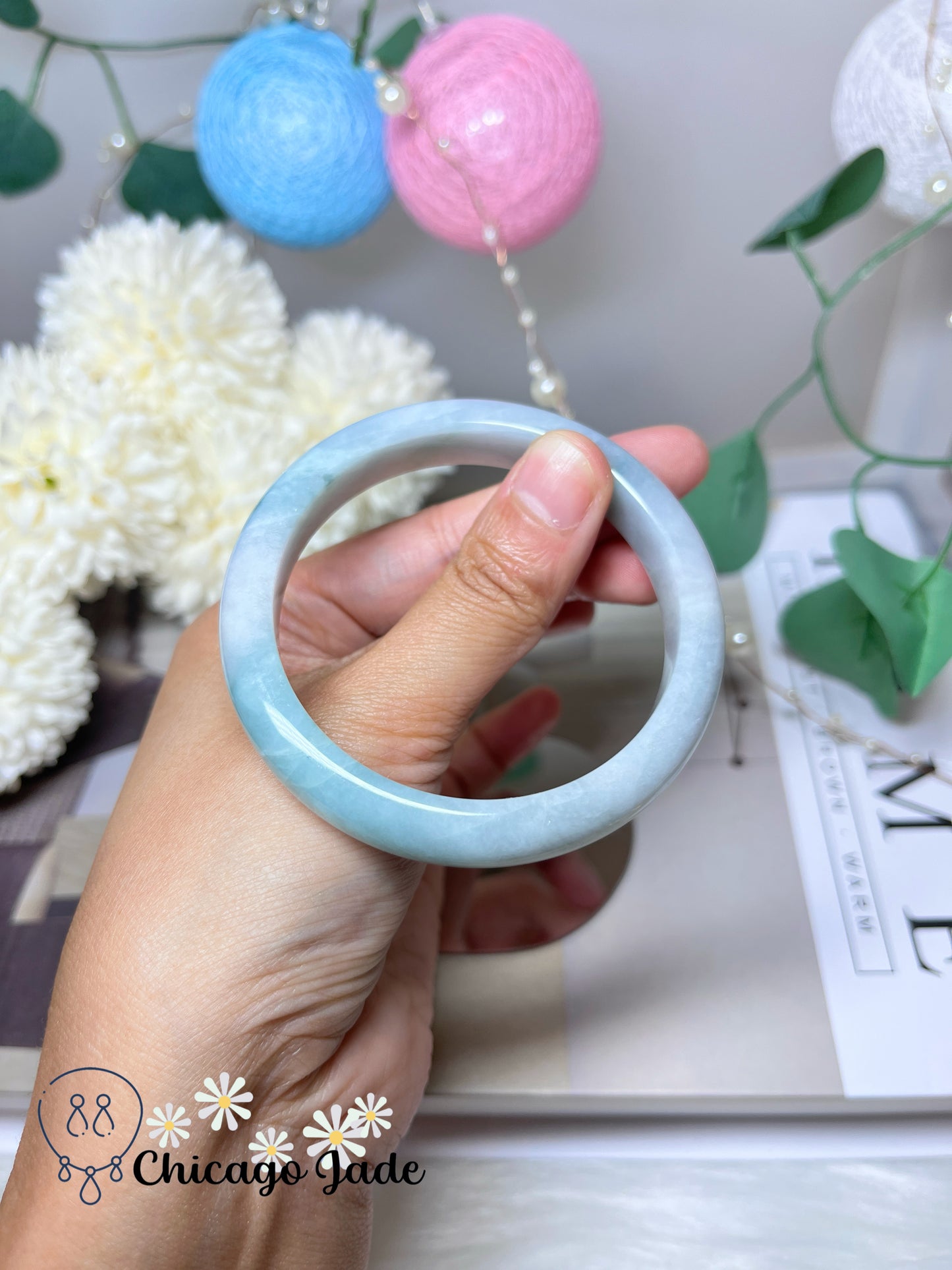 55.2mm Size M Blue Green Base Natural Grade A Authentic Jadeite Jade Feicui Bangle Handmade Gift