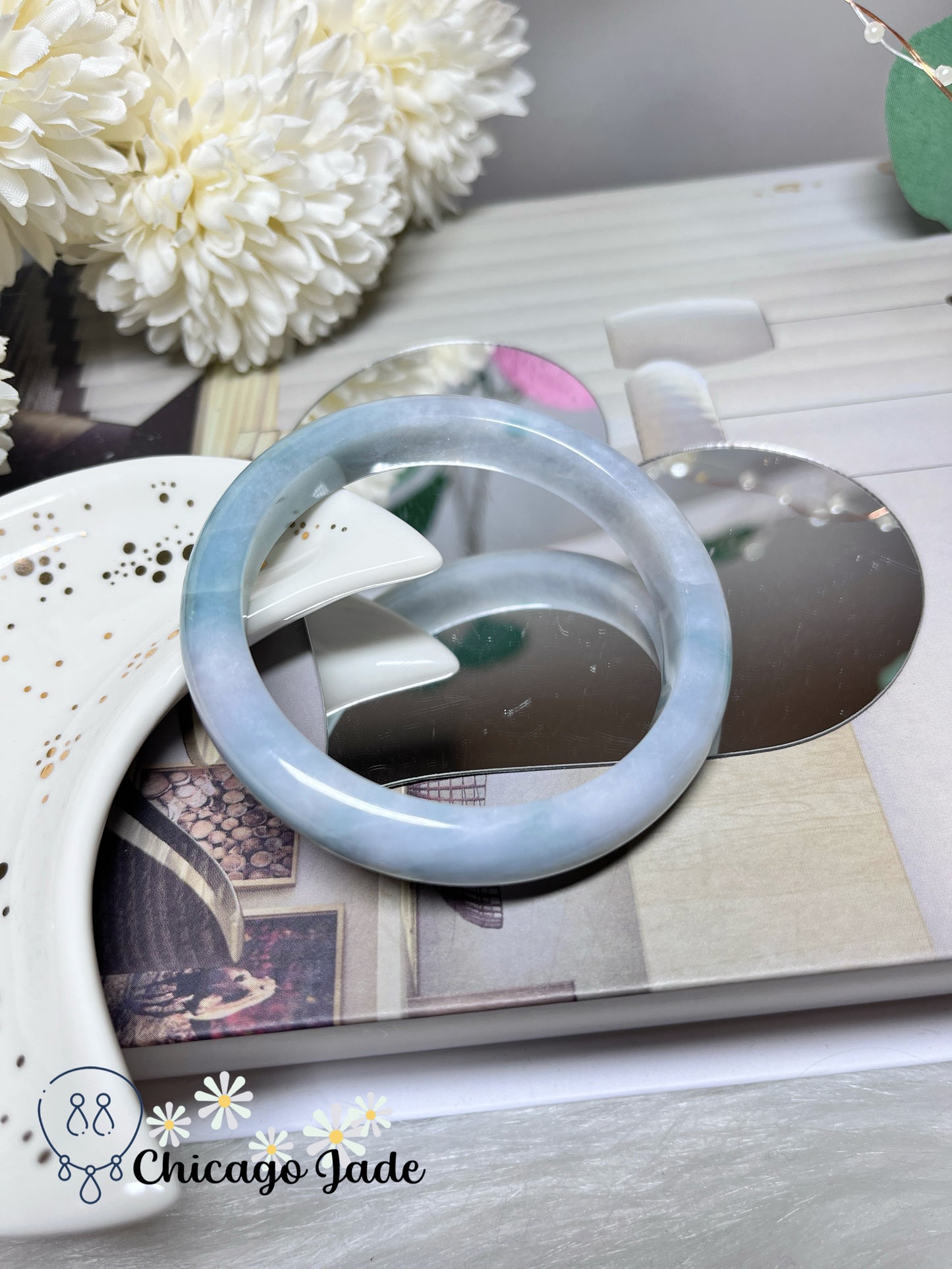55.2mm Size M Blue Green Base Natural Grade A Authentic Jadeite Jade Feicui Bangle Handmade Gift