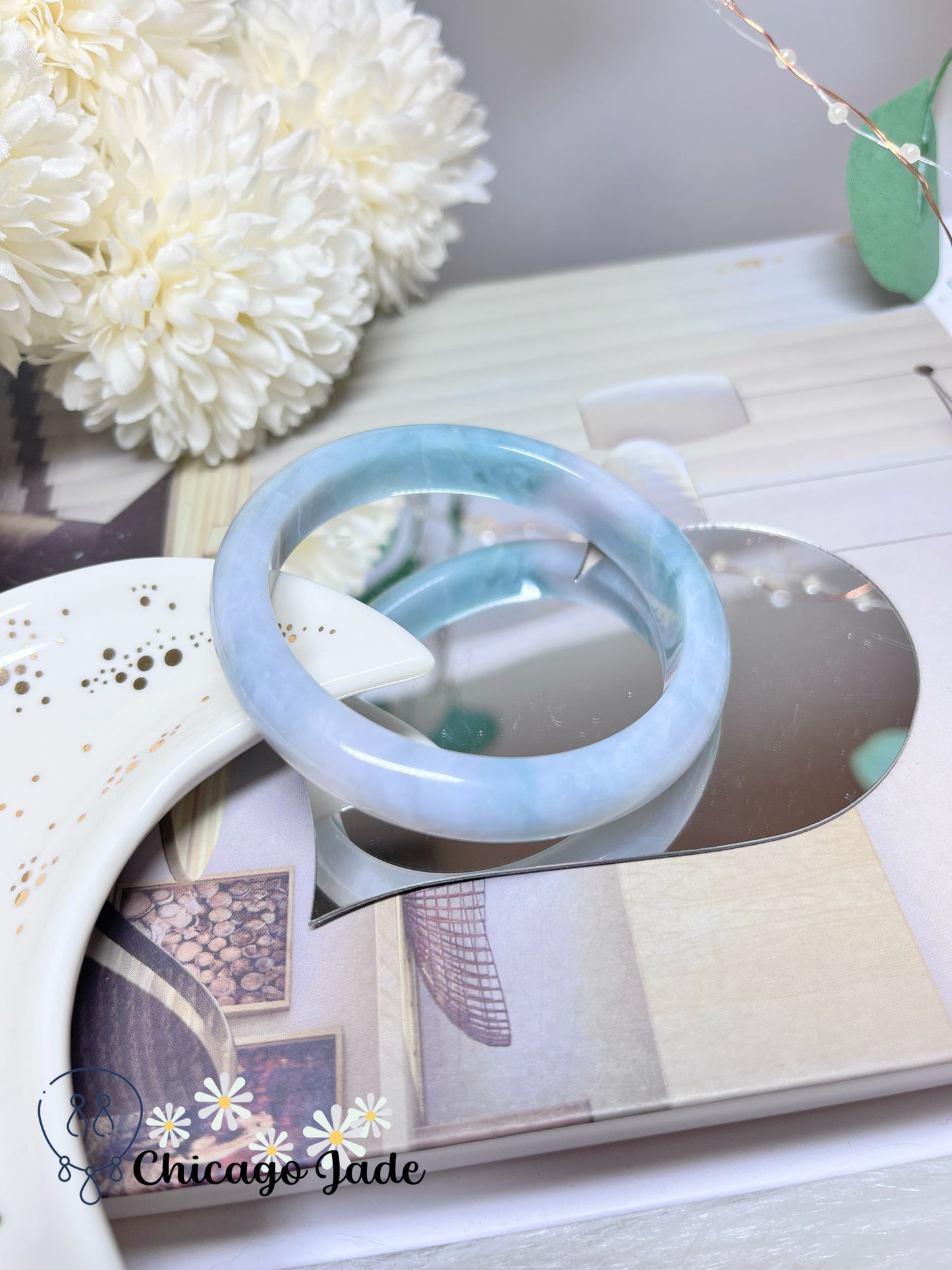 55.2mm Size M Blue Green Base Natural Grade A Authentic Jadeite Jade Feicui Bangle Handmade Gift
