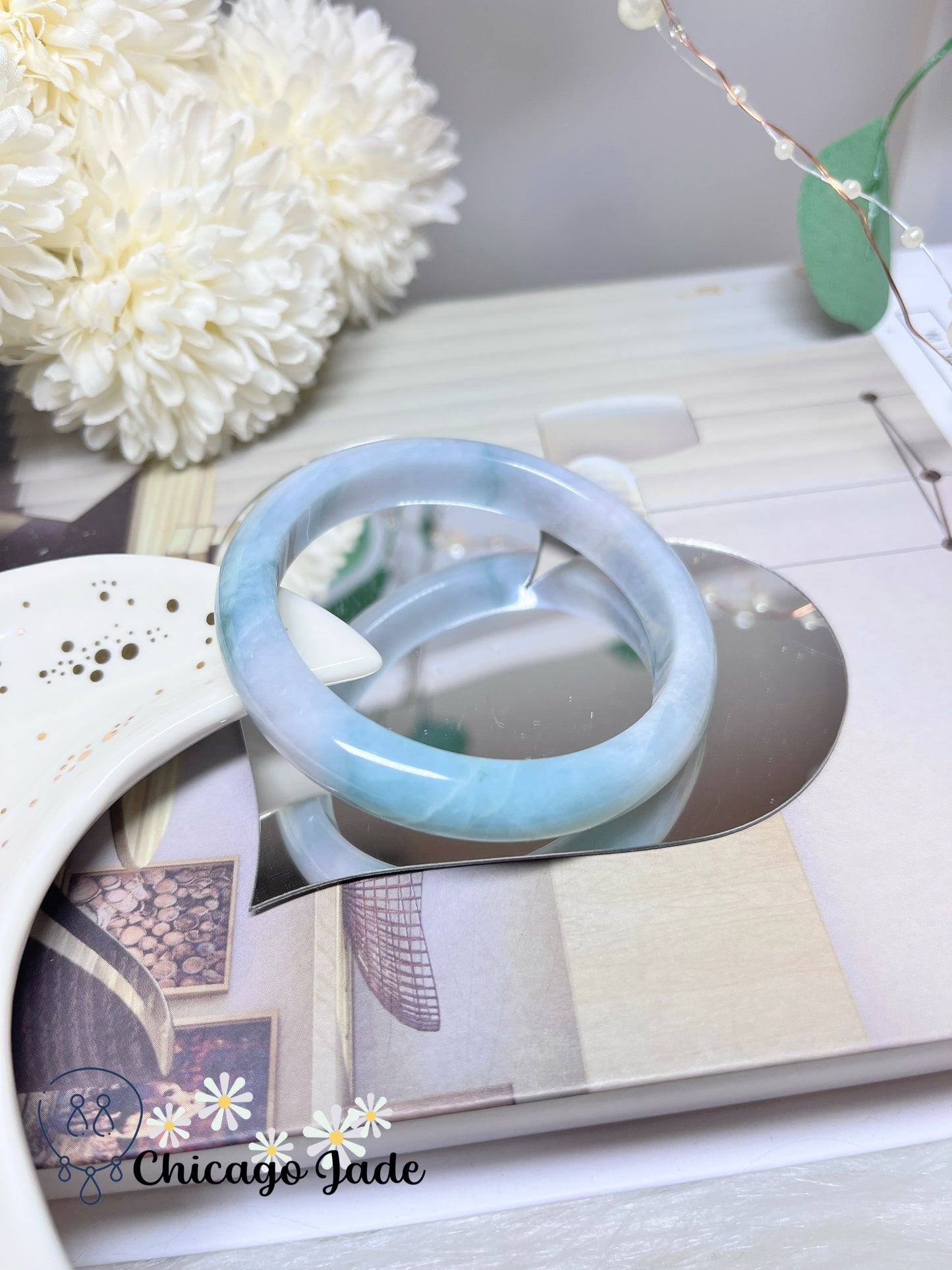 55.2mm Size M Blue Green Base Natural Grade A Authentic Jadeite Jade Feicui Bangle Handmade Gift