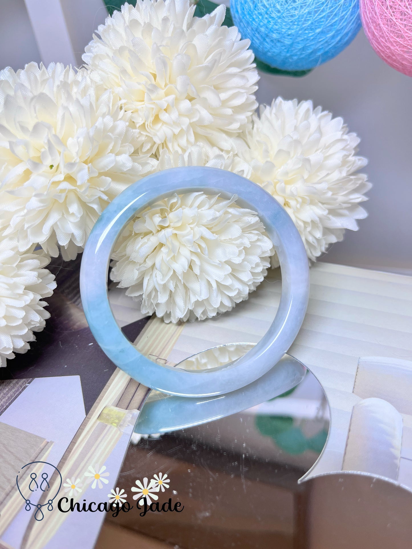 55.2mm Size M Blue Green Base Natural Grade A Authentic Jadeite Jade Feicui Bangle Handmade Gift