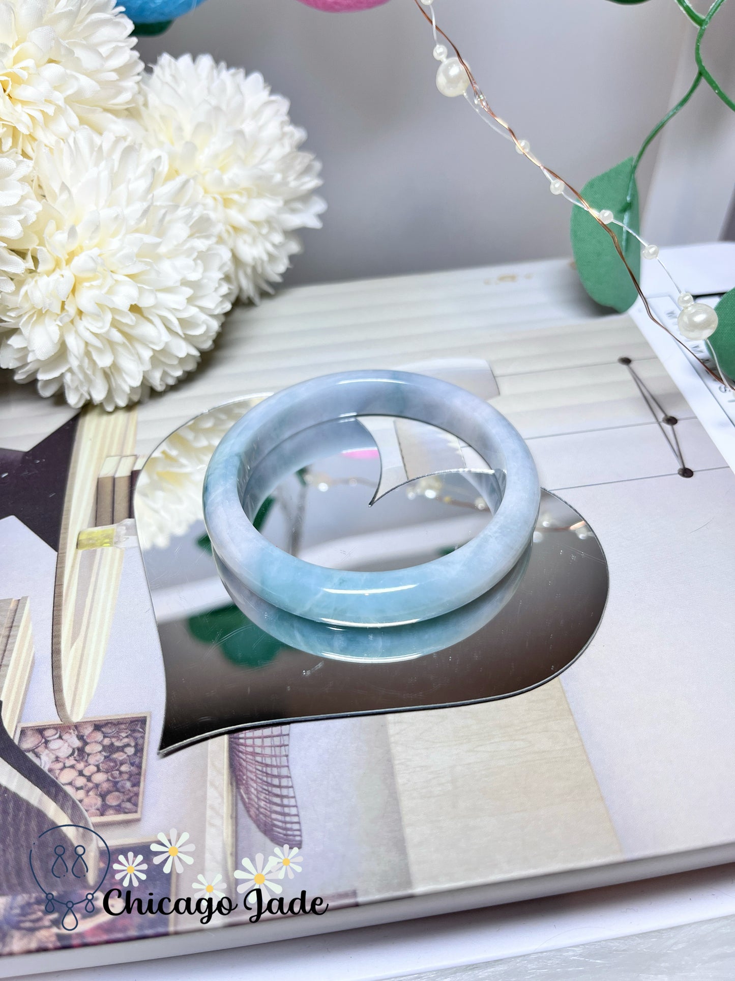 55.2mm Size M Blue Green Base Natural Grade A Authentic Jadeite Jade Feicui Bangle Handmade Gift