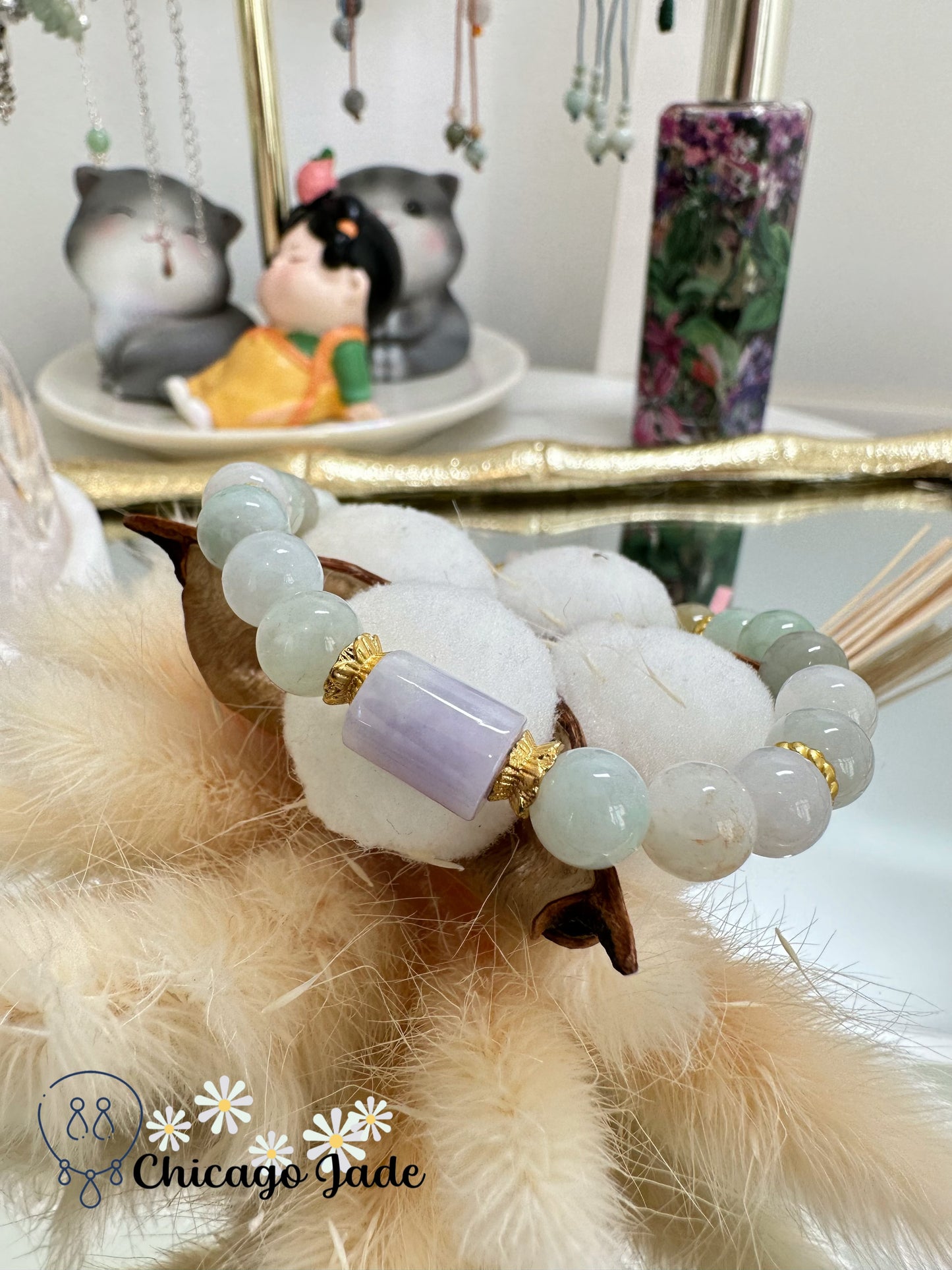 Multi-color multi-size high quality jadeite jade beaded bracelet with dark purple cylinder - a designer piece