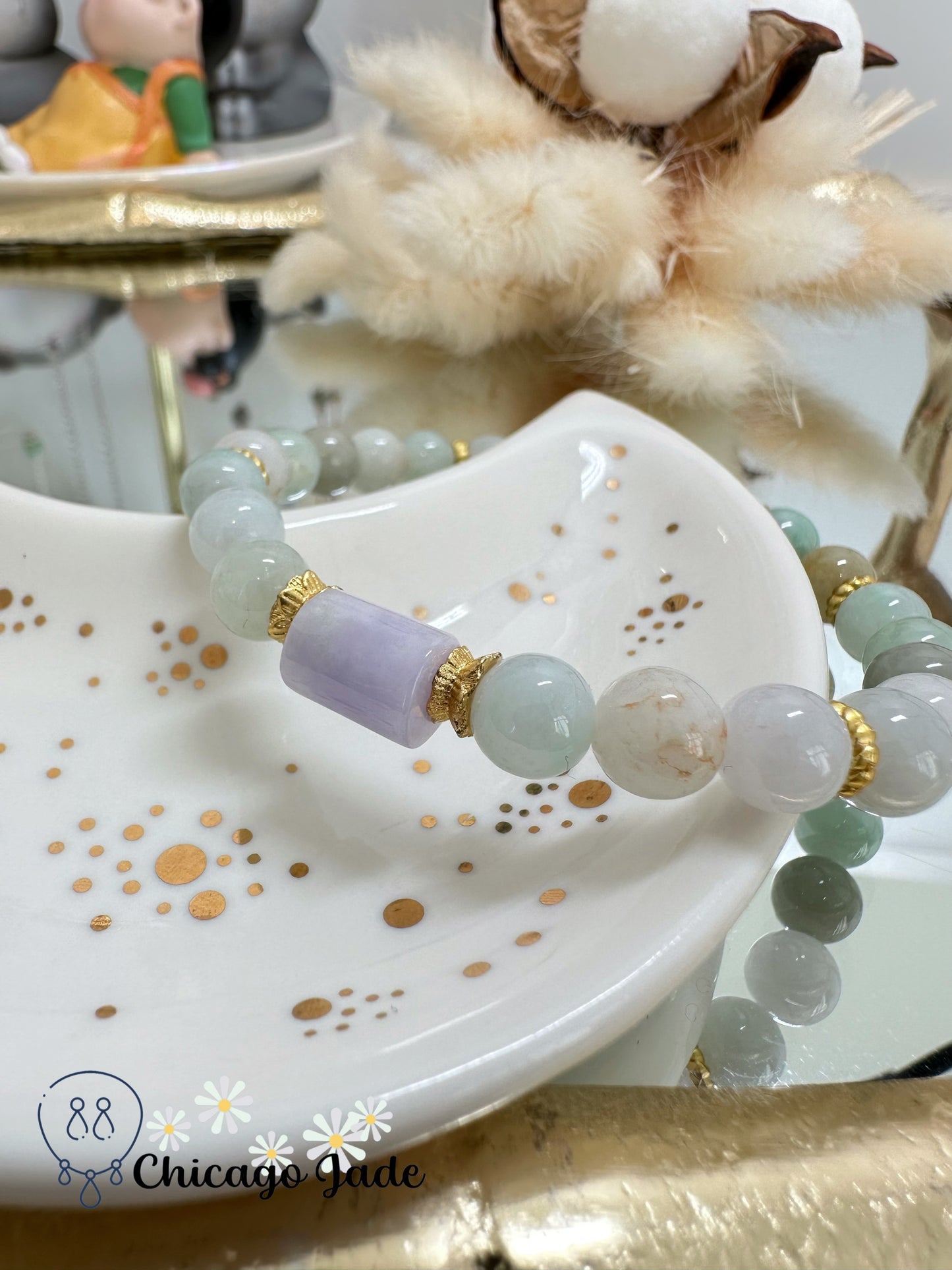 Multi-color multi-size high quality jadeite jade beaded bracelet with dark purple cylinder - a designer piece