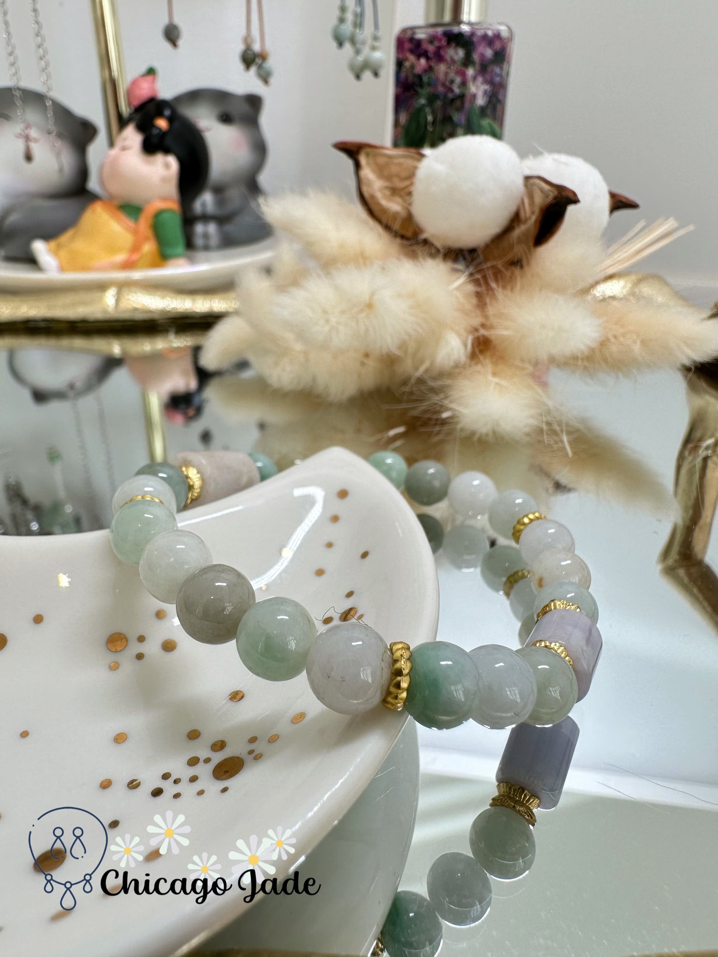Multi-color multi-size high quality jadeite jade beaded bracelet with dark purple cylinder - a designer piece