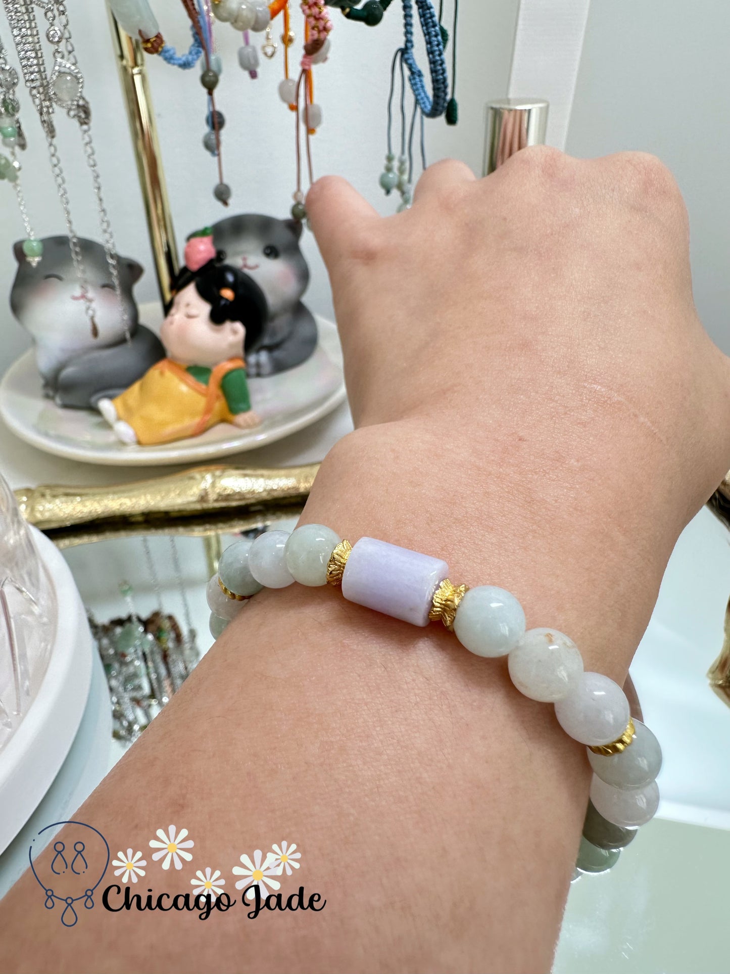 Multi-color multi-size high quality jadeite jade beaded bracelet with dark purple cylinder - a designer piece