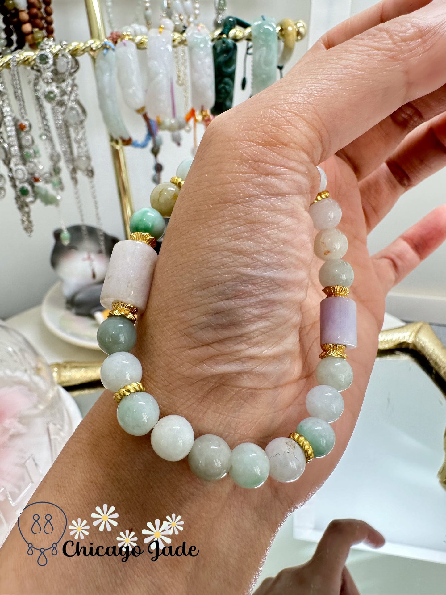 Multi-color multi-size high quality jadeite jade beaded bracelet with dark purple cylinder - a designer piece