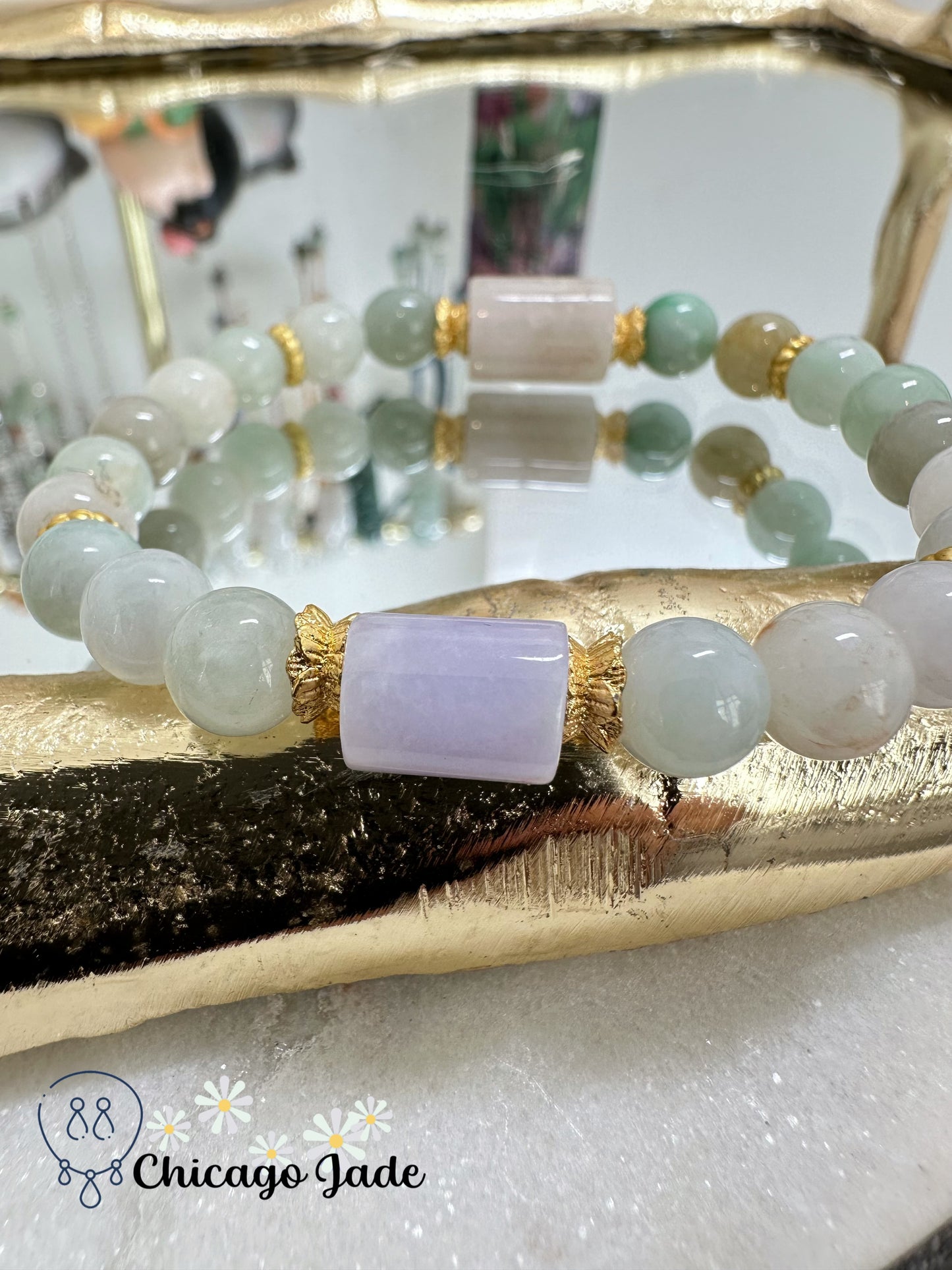 Multi-color multi-size high quality jadeite jade beaded bracelet with dark purple cylinder - a designer piece