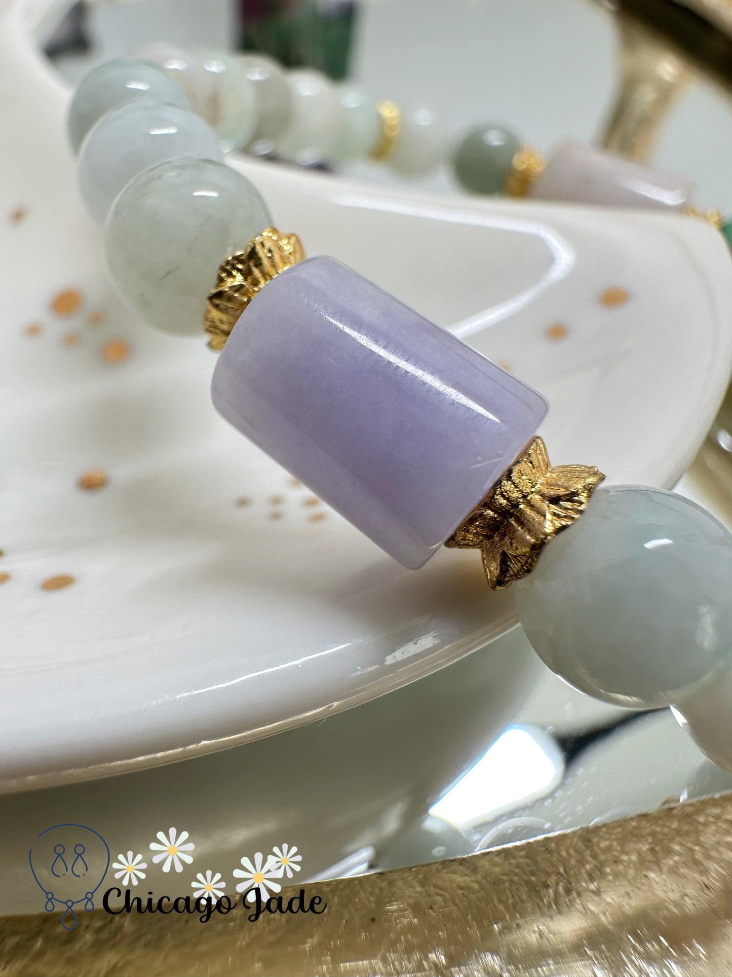 Multi-color multi-size high quality jadeite jade beaded bracelet with dark purple cylinder - a designer piece
