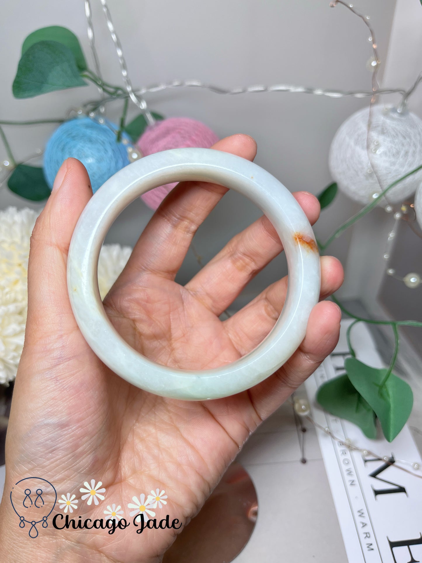 59mm Size M Green White with Orange Highlight Natural Grade A Authentic Untreated Burma Jadeite Jade Feicui Bangle