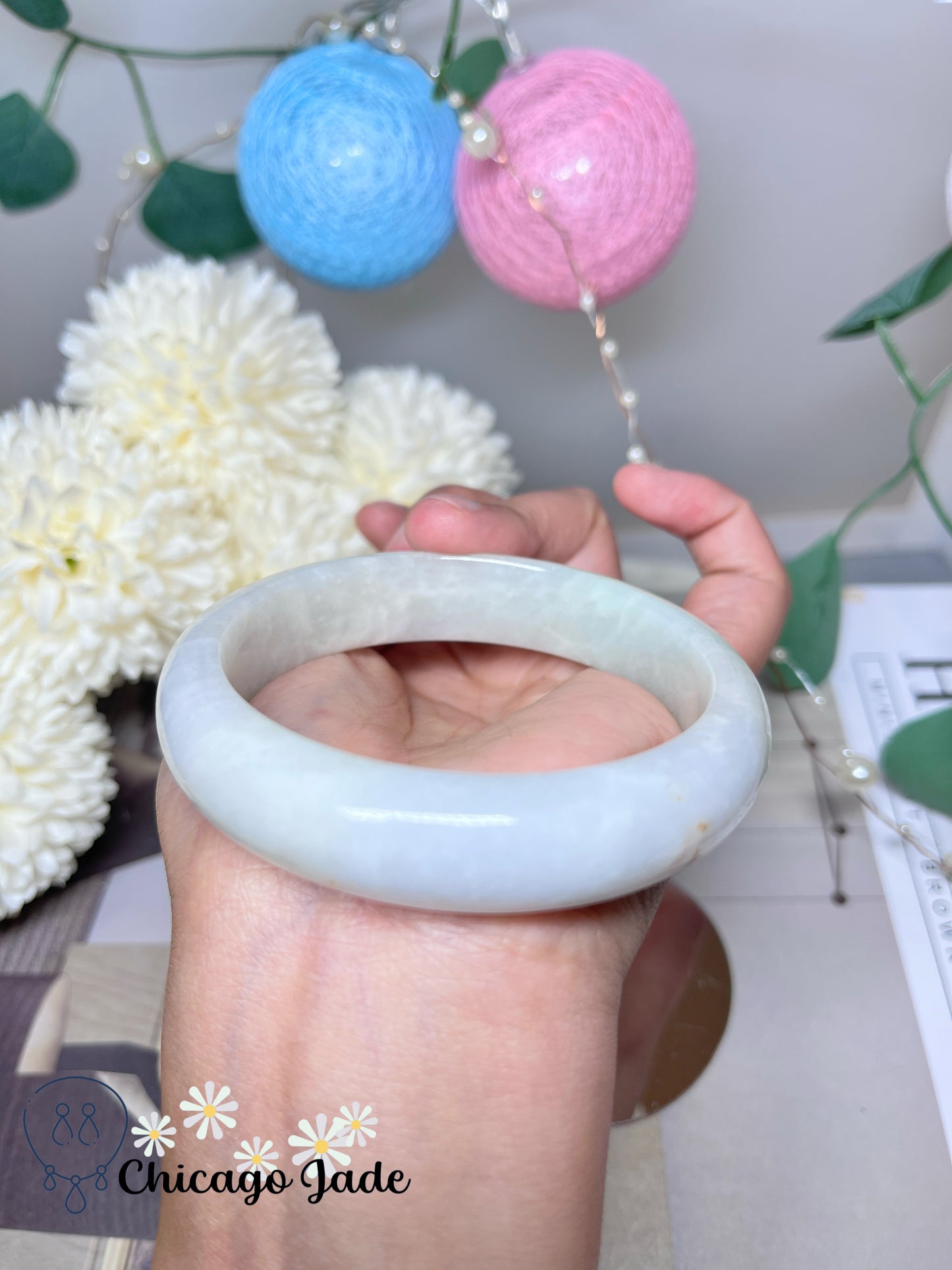 59mm Size M Green White with Orange Highlight Natural Grade A Authentic Untreated Burma Jadeite Jade Feicui Bangle