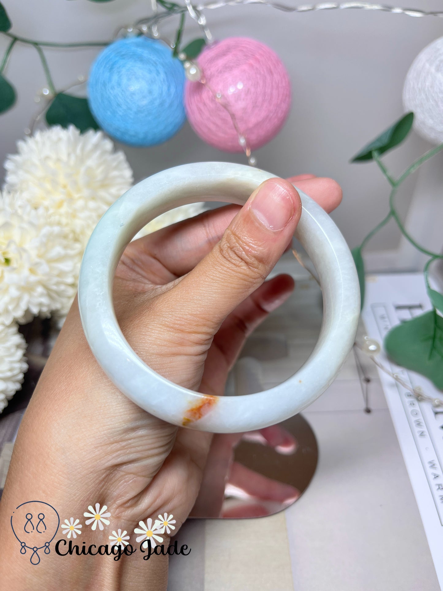 59mm Size M Green White with Orange Highlight Natural Grade A Authentic Untreated Burma Jadeite Jade Feicui Bangle