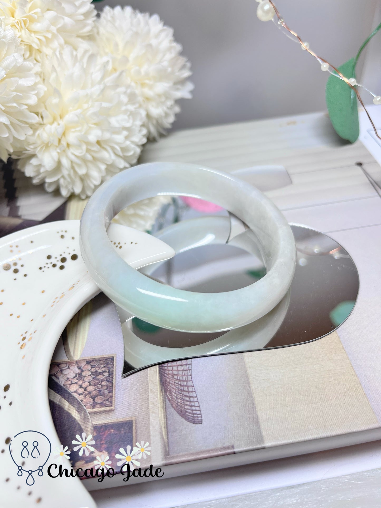 59mm Size M Green White with Orange Highlight Natural Grade A Authentic Untreated Burma Jadeite Jade Feicui Bangle