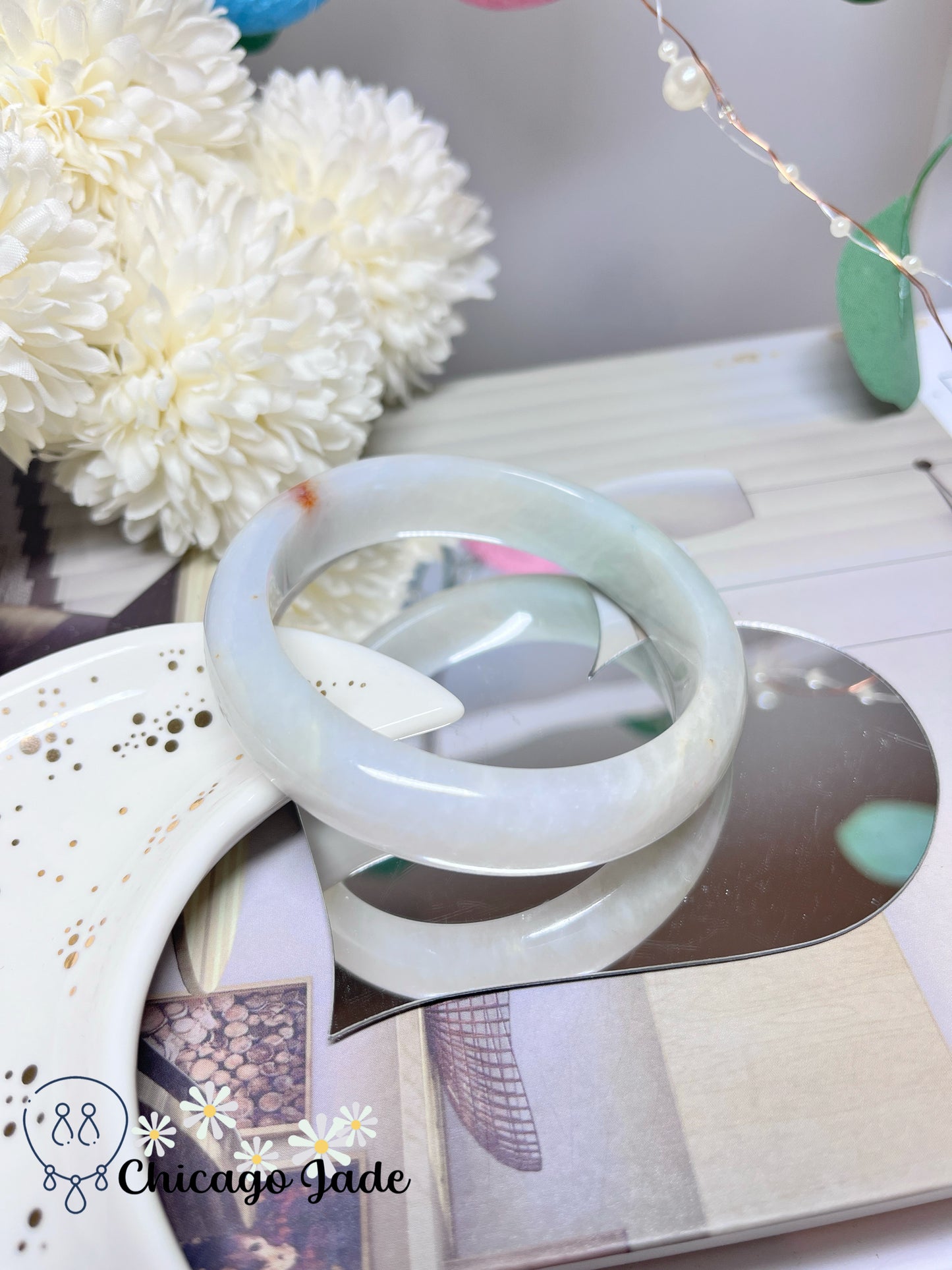 59mm Size M Green White with Orange Highlight Natural Grade A Authentic Untreated Burma Jadeite Jade Feicui Bangle